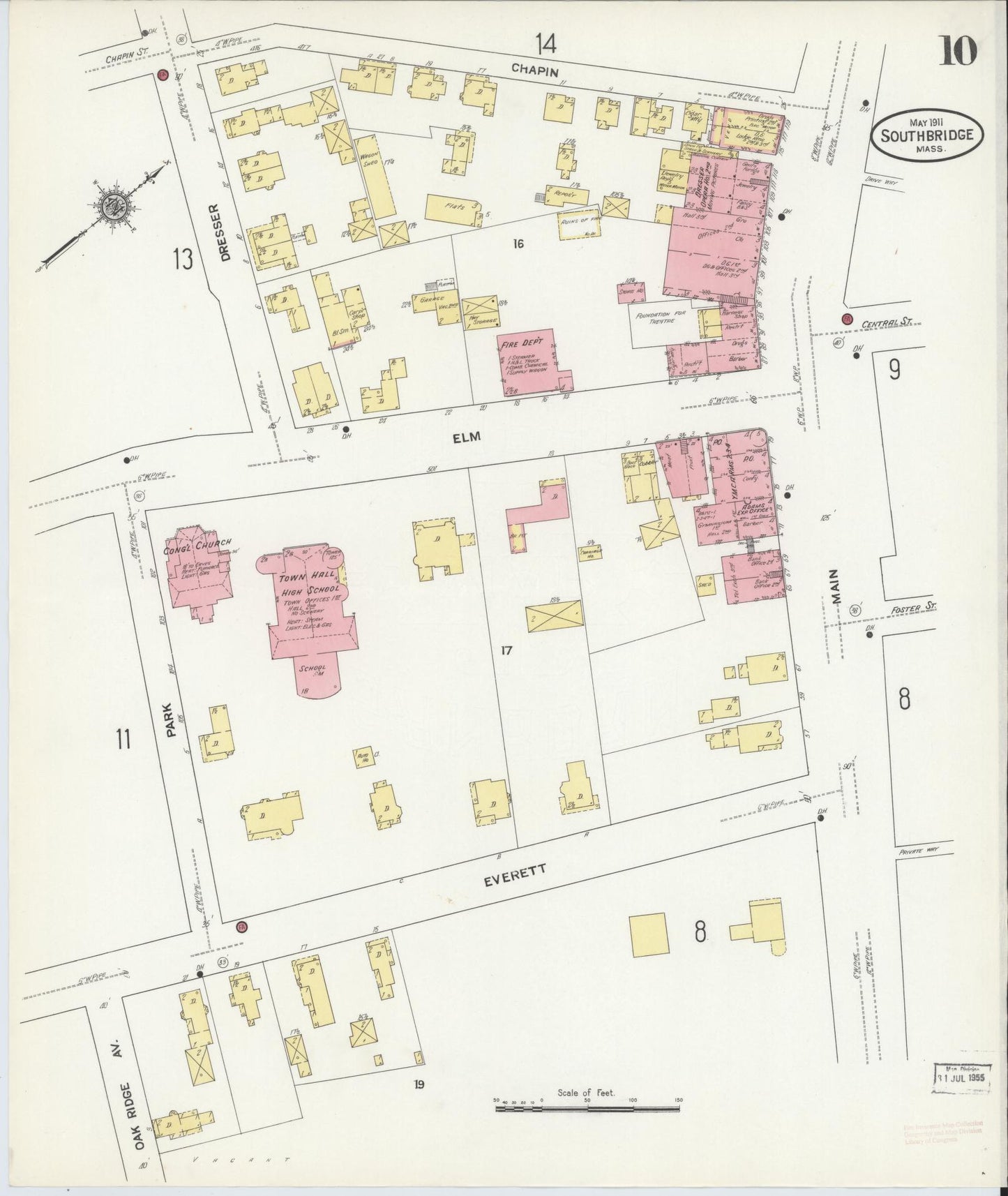 Sanborn Fire Insurance Map from Southbridge, Worcester County, Massachusetts (1911), Sheet #0010 - Historic Sanborn Fire Insurance Map Print, vintage old map wall art, antique decor, genealogy gift, Massachusetts Massachusetts map