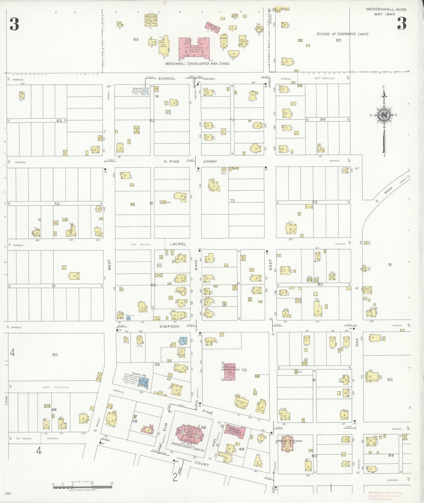 Sanborn Fire Insurance Map from Mendenhall, Simpson County, Mississippi (1940), Sheet #0003 - Historic Sanborn Fire Insurance Map Print, vintage old map wall art, antique decor, genealogy gift, Mississippi Mississippi map