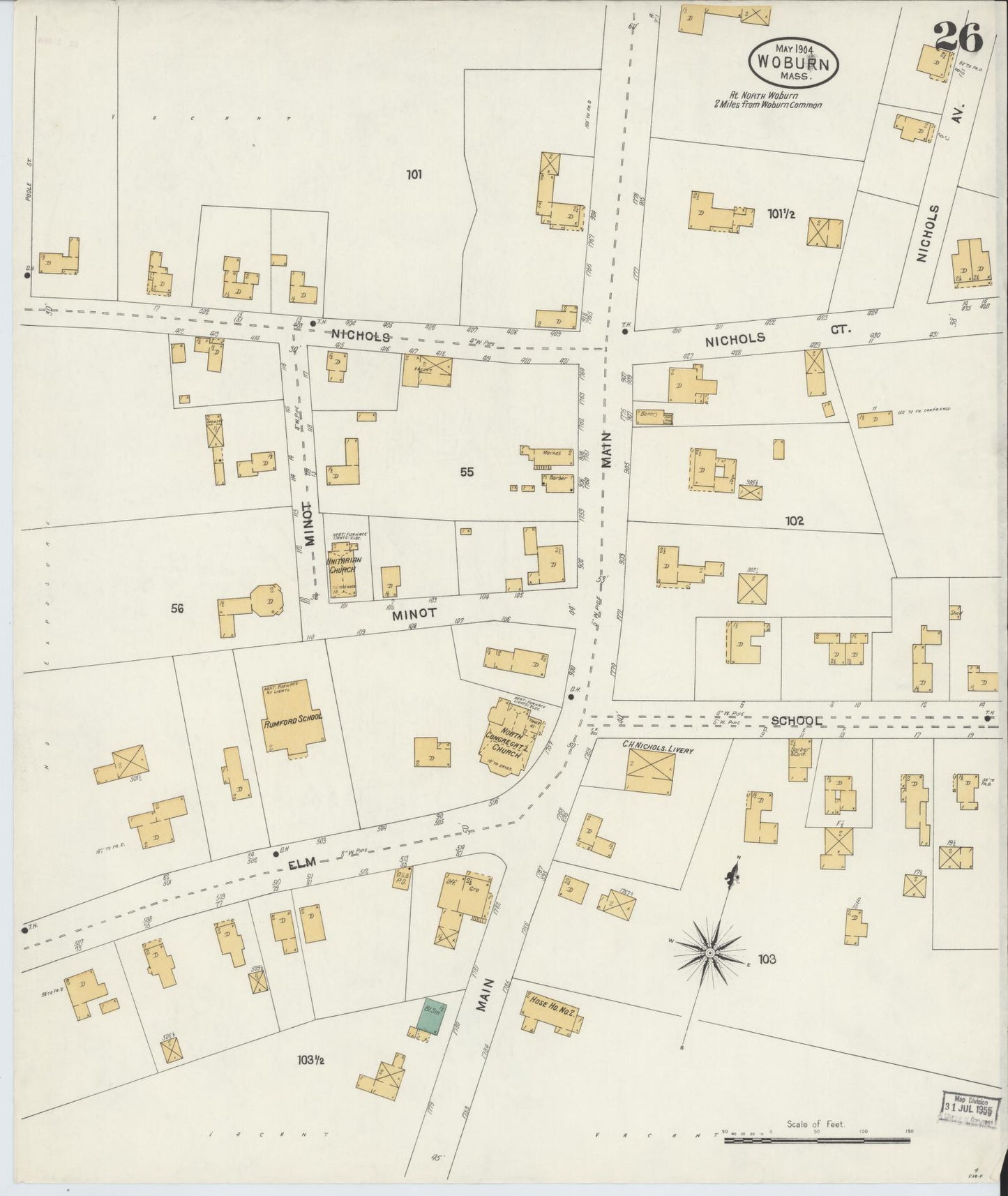 Sanborn Fire Insurance Map from Woburn, Middlesex County, Massachusetts (1904), Sheet #0026 - Historic Sanborn Fire Insurance Map Print, vintage old map wall art, antique decor, genealogy gift, Massachusetts Massachusetts map