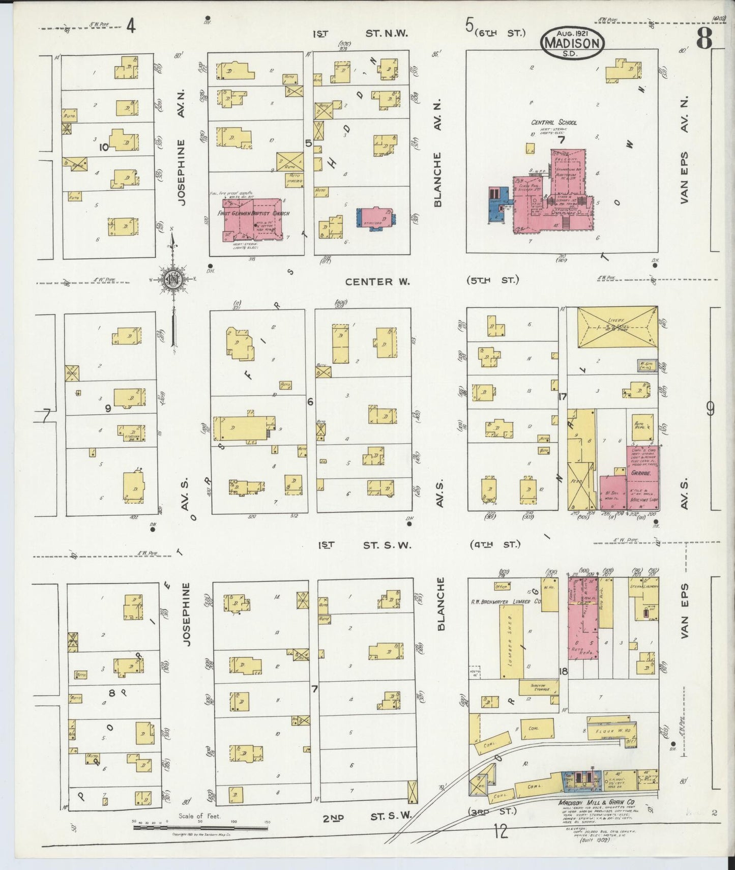 Sanborn Fire Insurance Map from Madison, Lake County, South Dakota (1921), Sheet #0008 - Historic Sanborn Fire Insurance Map Print, vintage old map wall art, antique decor, genealogy gift, South Dakota South Dakota map