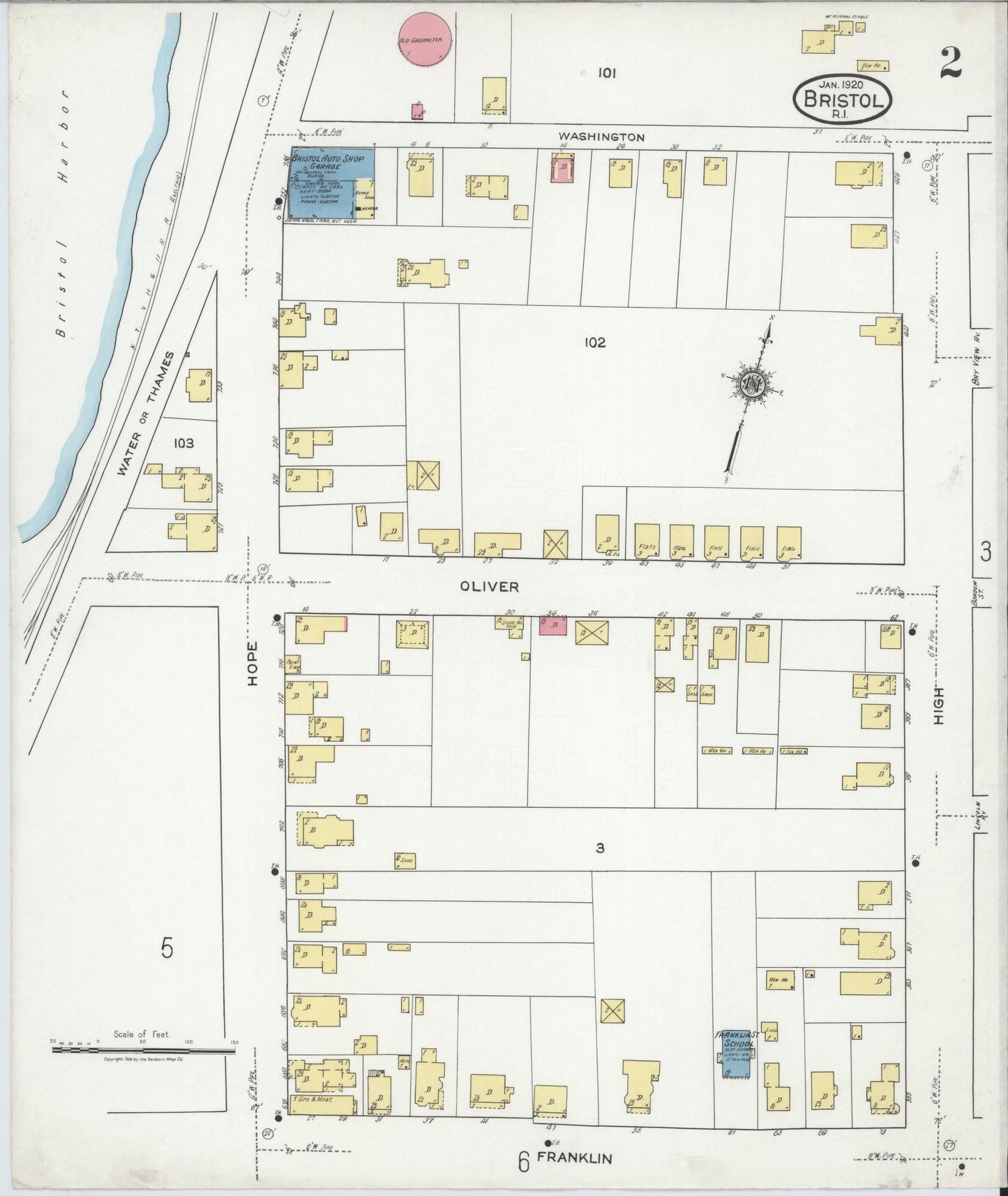 Sanborn Fire Insurance Map from Bristol, Bristol County, Rhode Island (1920), Sheet #0002 - Historic Sanborn Fire Insurance Map Print, vintage old map wall art, antique decor, genealogy gift, Rhode Island Rhode Island map