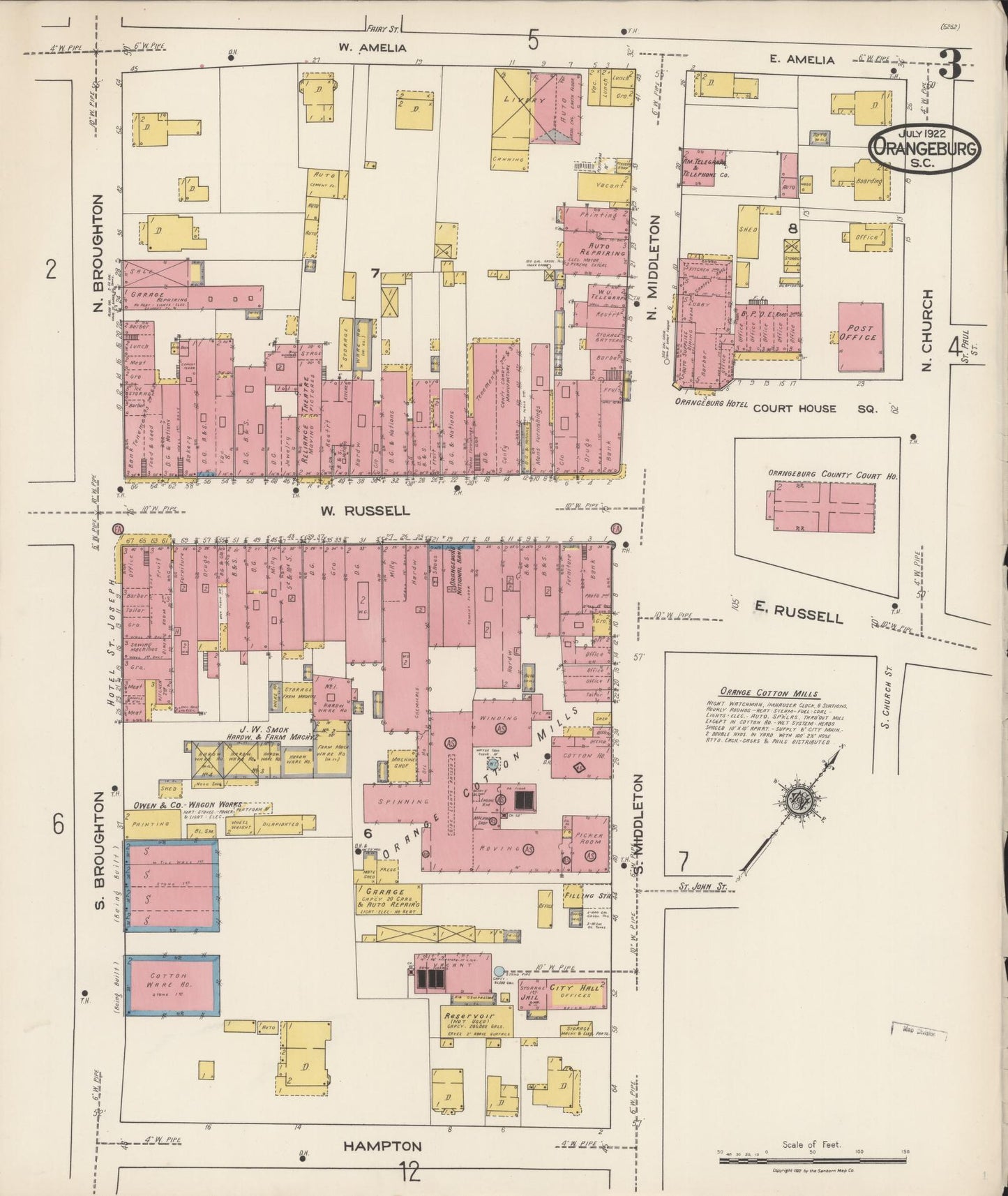 Sanborn Fire Insurance Map from Orangeburg, Orangeburg County, South Carolina (1922), Sheet #0003 - Historic Sanborn Fire Insurance Map Print, vintage old map wall art, antique decor, genealogy gift, South Carolina South Carolina map