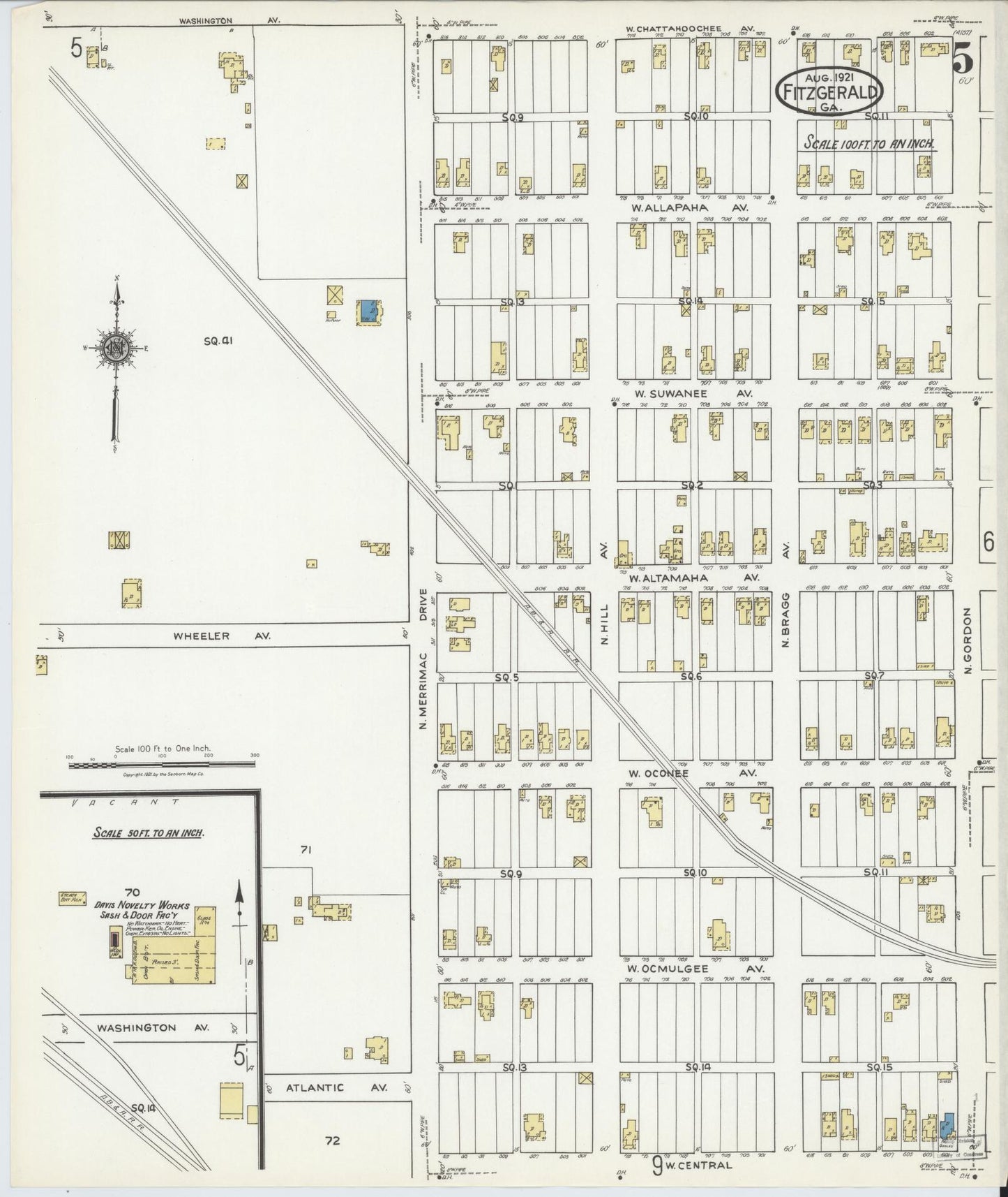 Sanborn Fire Insurance Map from Fitzgerald, Ben Hill County, Georgia (1921), Sheet #0005 - Historic Sanborn Fire Insurance Map Print, vintage old map wall art, antique decor, genealogy gift, Georgia Georgia map