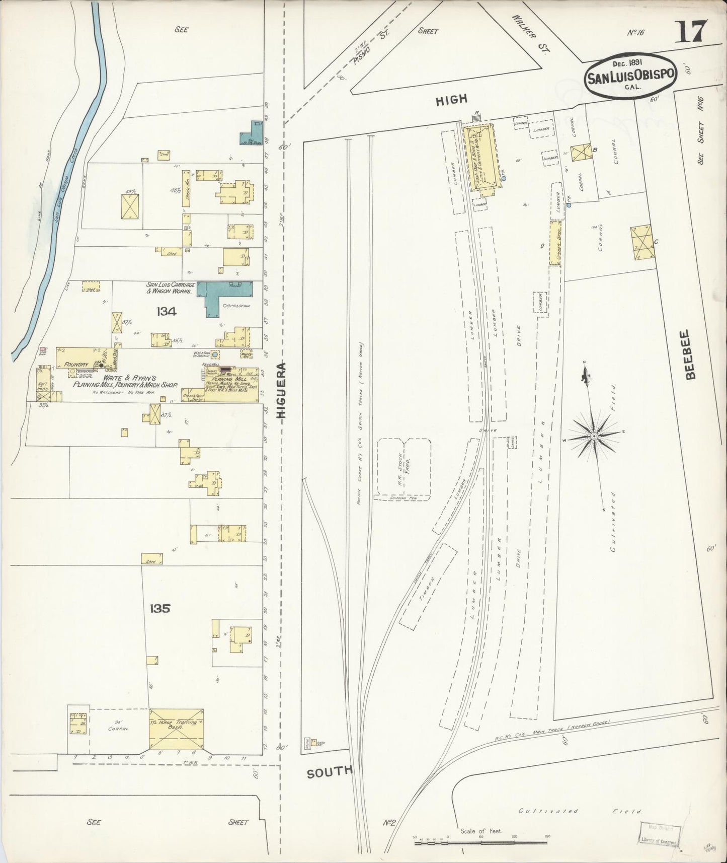 Sanborn Fire Insurance Map from San Luis Obispo, San Luis Obispo County, California (1891), Sheet #0017 - Complete Map Set gallery image, historic Sanborn map, vintage wall art, California California
