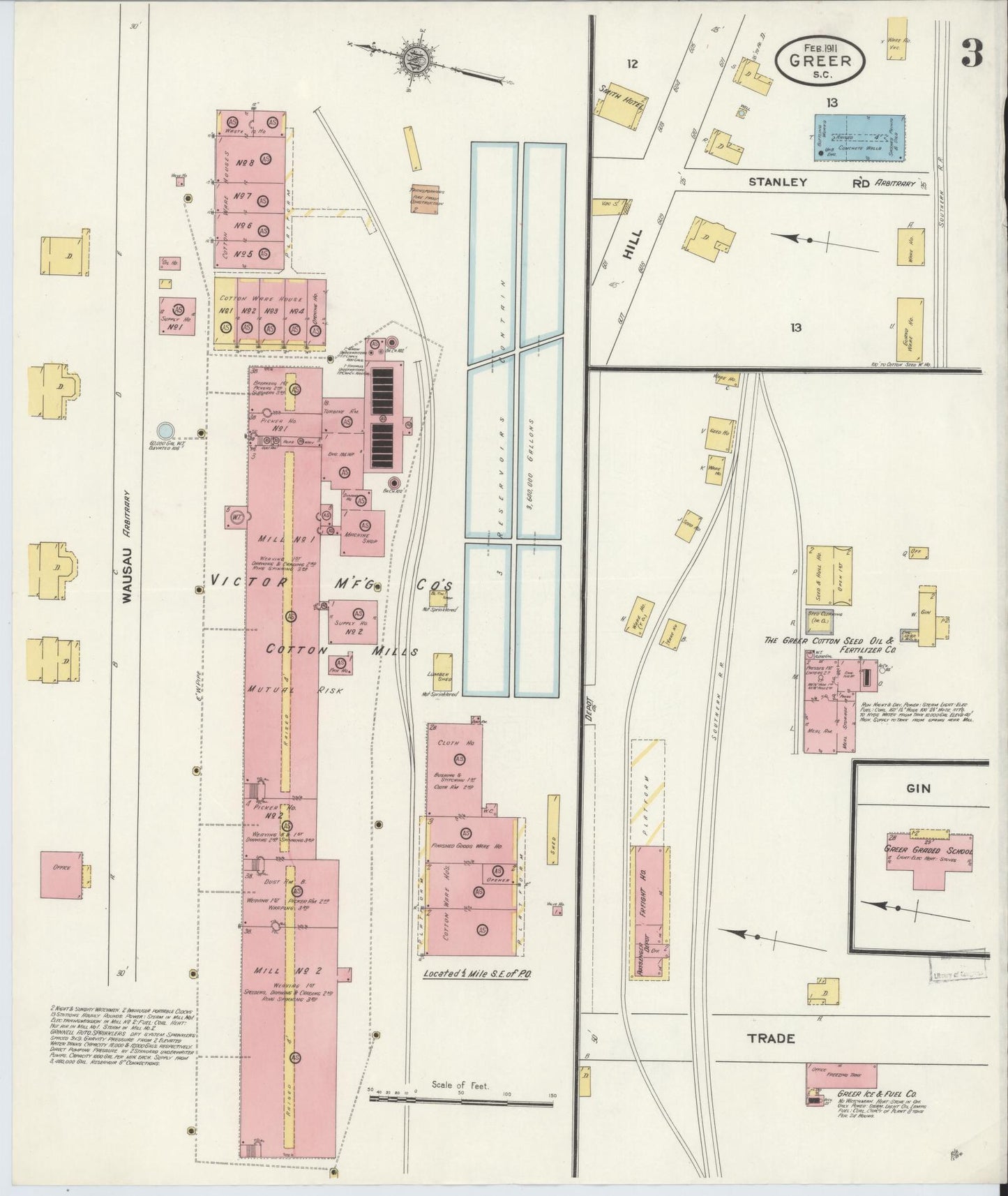 Sanborn Fire Insurance Map from Greer, Greenville and Spartanburg Counties, South Carolina (1911), Sheet #0003 - Complete Map Set gallery image, historic Sanborn map, vintage wall art, South Carolina South Carolina