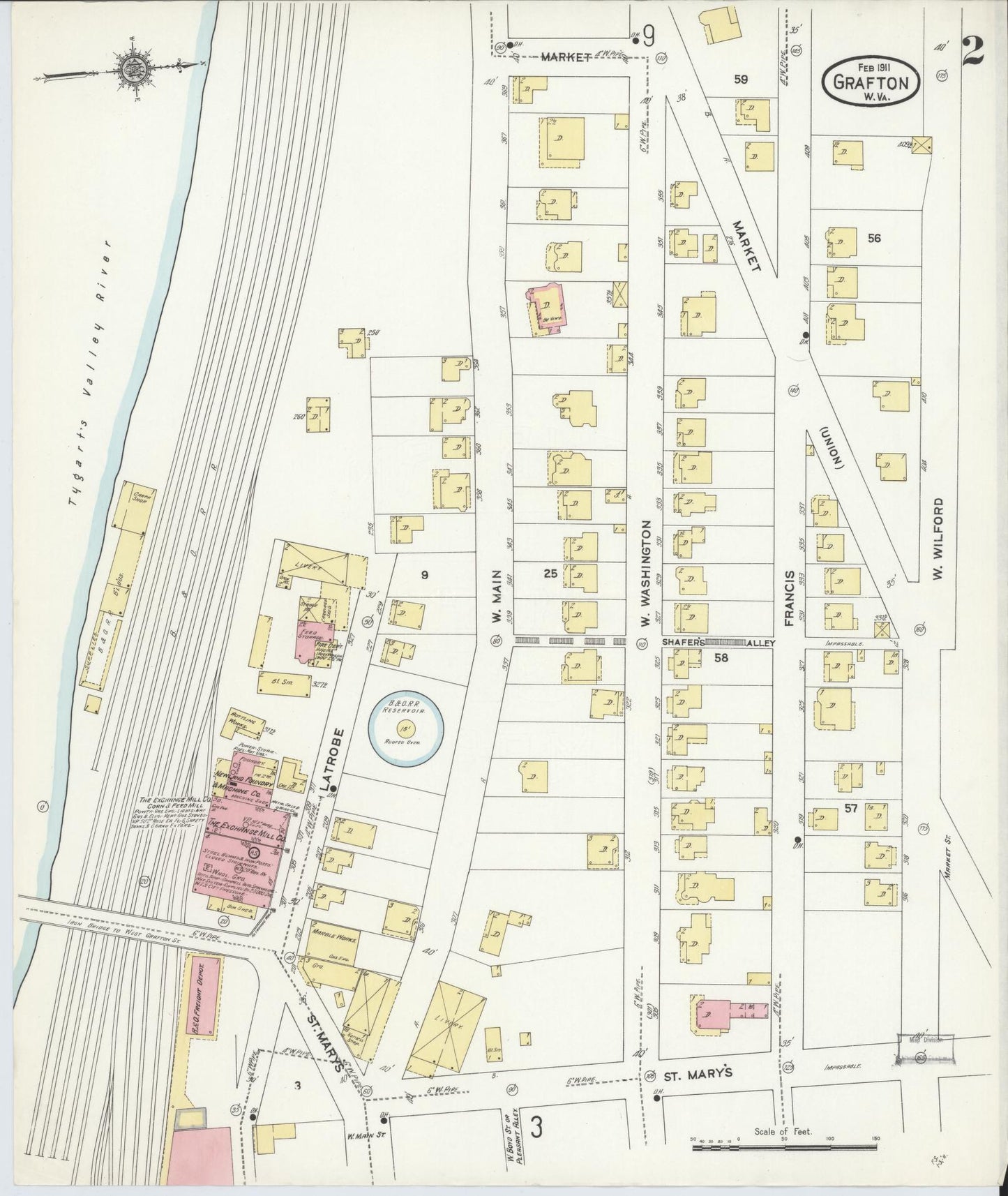 Sanborn Fire Insurance Map from Grafton, Taylor County, West Virginia (1911), Sheet #0002 - Historic Sanborn Fire Insurance Map Print, vintage old map wall art, antique decor, genealogy gift, West Virginia West Virginia map