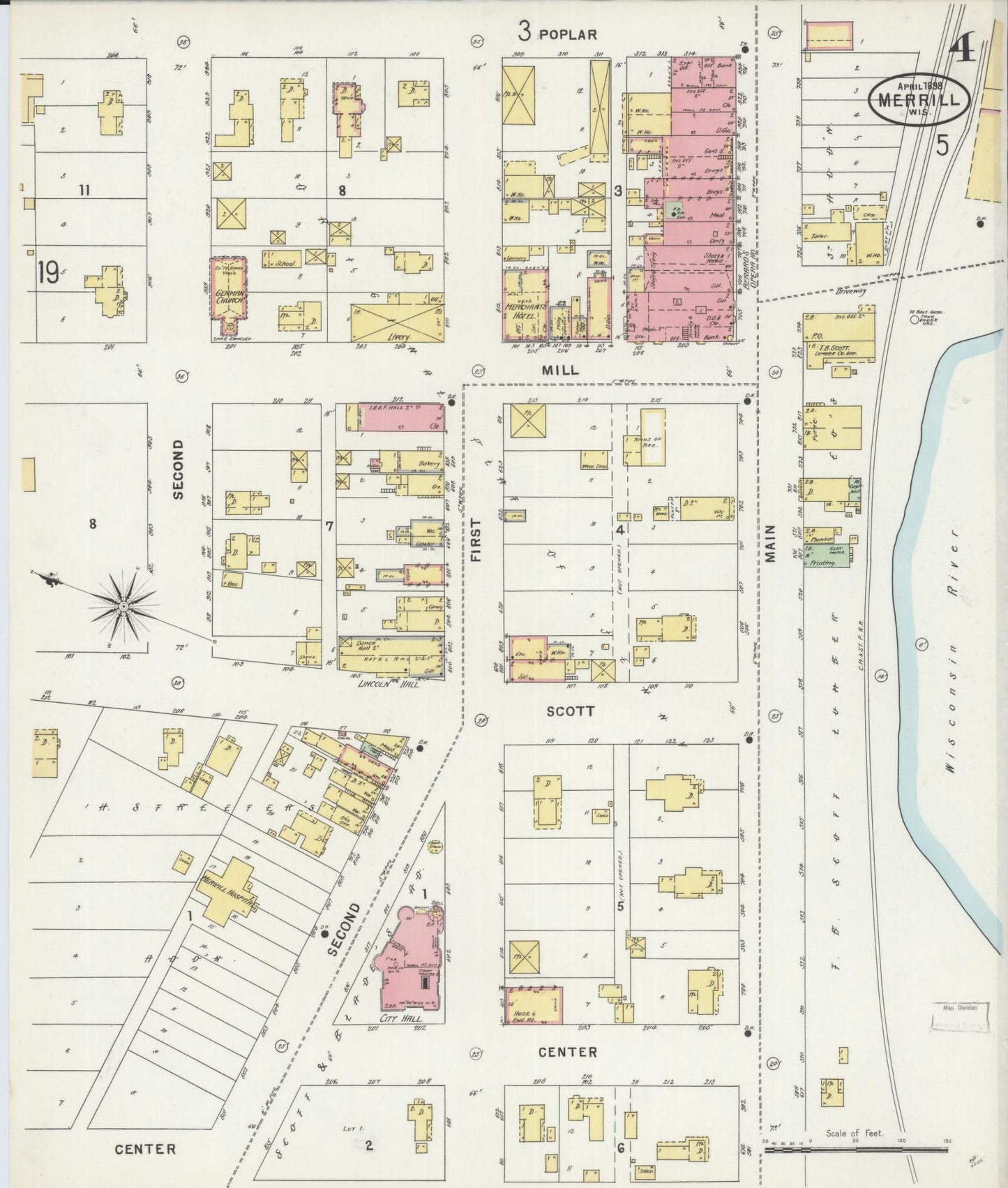 Sanborn Fire Insurance Map from Merrill, Lincoln County, Wisconsin (1898), Sheet #0004 - Historic Sanborn Fire Insurance Map Print, vintage old map wall art, antique decor, genealogy gift, Wisconsin Wisconsin map