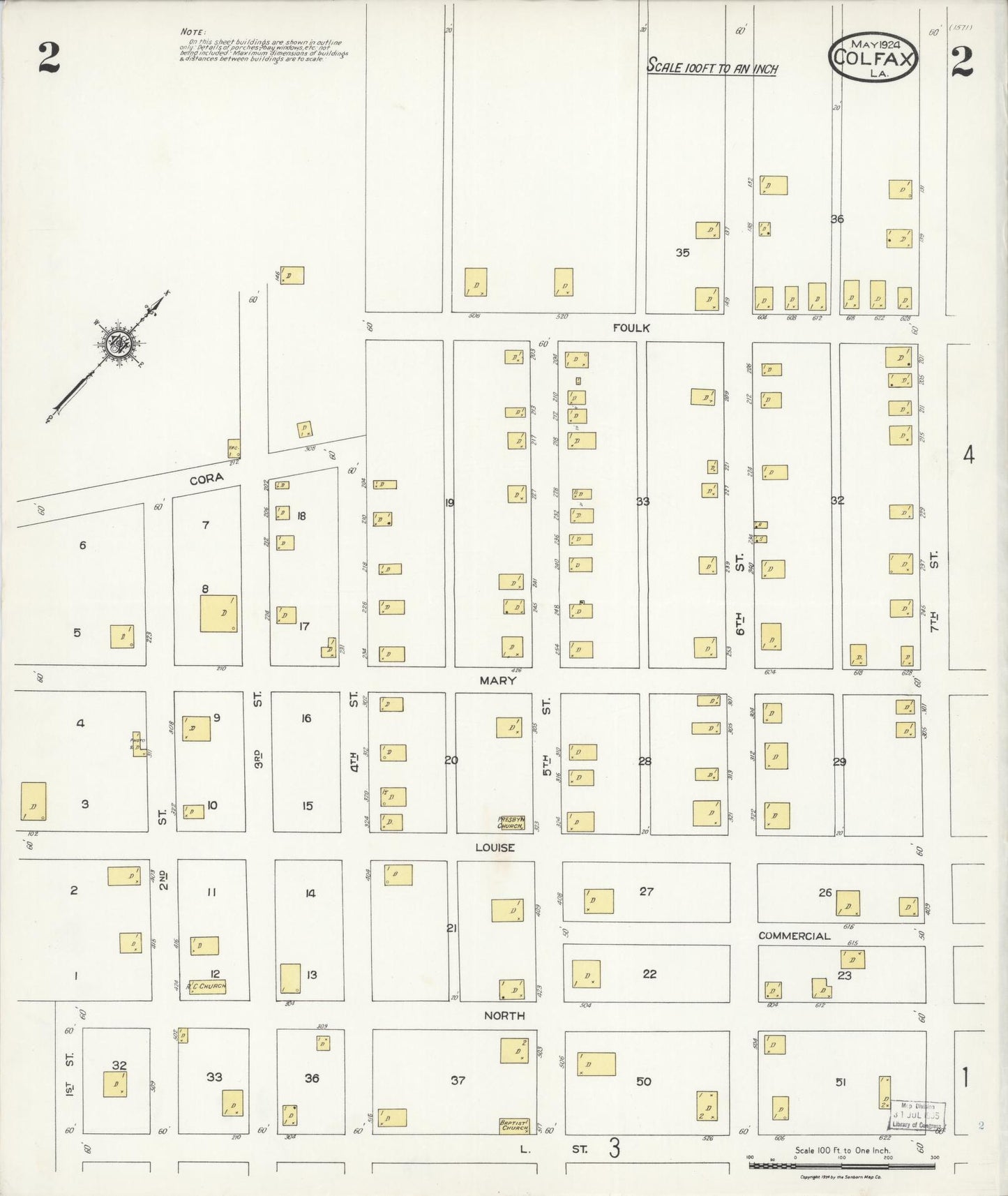 Sanborn Fire Insurance Map from Colfax, Grant Parish, Louisiana (1924), Sheet #0002 - Historic Sanborn Fire Insurance Map Print, vintage old map wall art, antique decor, genealogy gift, Louisiana Louisiana map