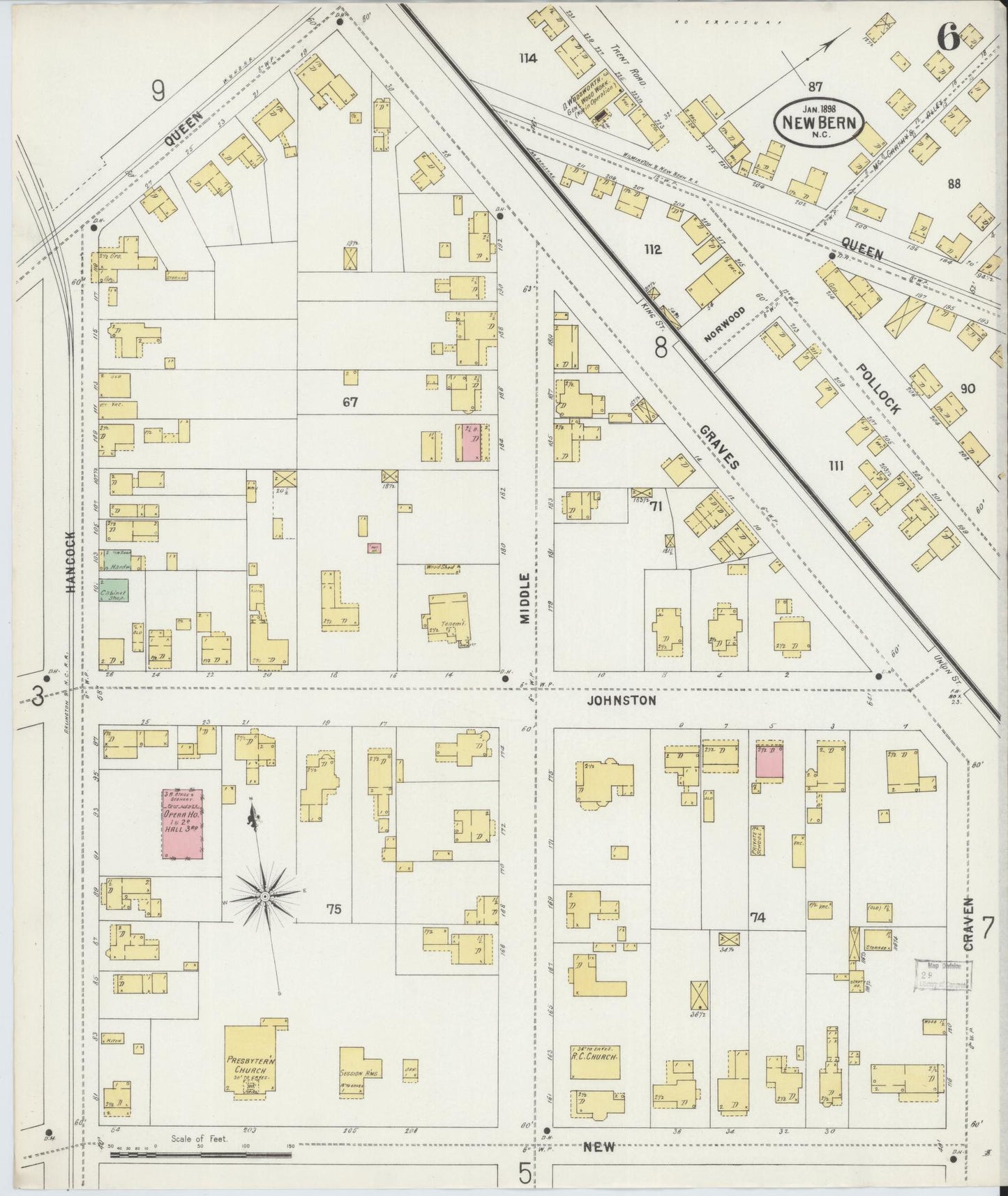 Sanborn Fire Insurance Map from New Bern, Craven County, North Carolina (1898), Sheet #0006 - Historic Sanborn Fire Insurance Map Print, vintage old map wall art, antique decor, genealogy gift, North Carolina North Carolina map