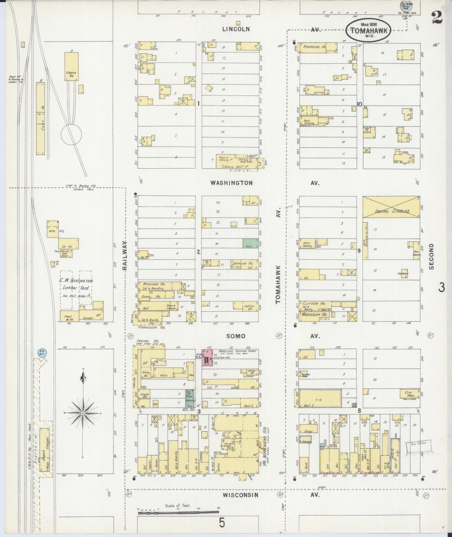 Sanborn Fire Insurance Map from Tomahawk, Lincoln County, Wisconsin (1898), Sheet #0002 - Historic Sanborn Fire Insurance Map Print, vintage old map wall art, antique decor, genealogy gift, Wisconsin Wisconsin map