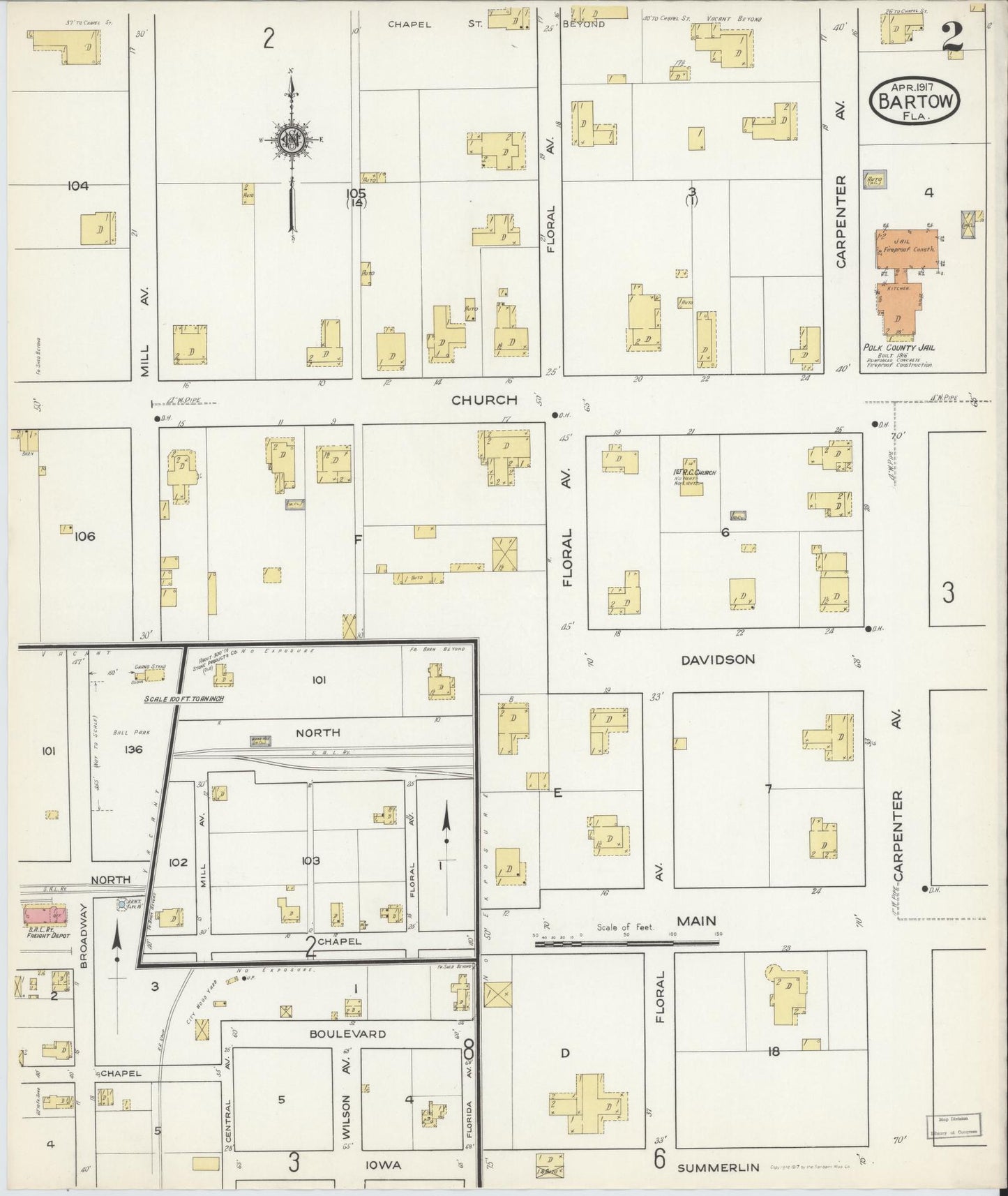 Sanborn Fire Insurance Map from Bartow, Polk County, Florida (1917), Sheet #0002 - Historic Sanborn Fire Insurance Map Print, vintage old map wall art, antique decor, genealogy gift, Florida Florida map