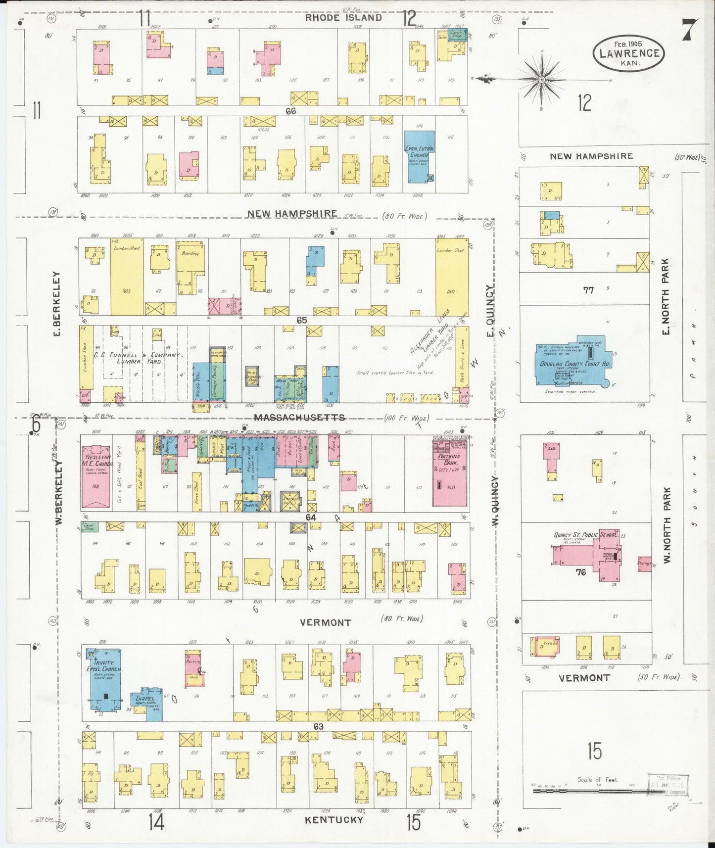 Sanborn Fire Insurance Map from Lawrence, Douglas County, Kansas (1905), Sheet #0007 - Historic Sanborn Fire Insurance Map Print, vintage old map wall art, antique decor, genealogy gift, Kansas Kansas map
