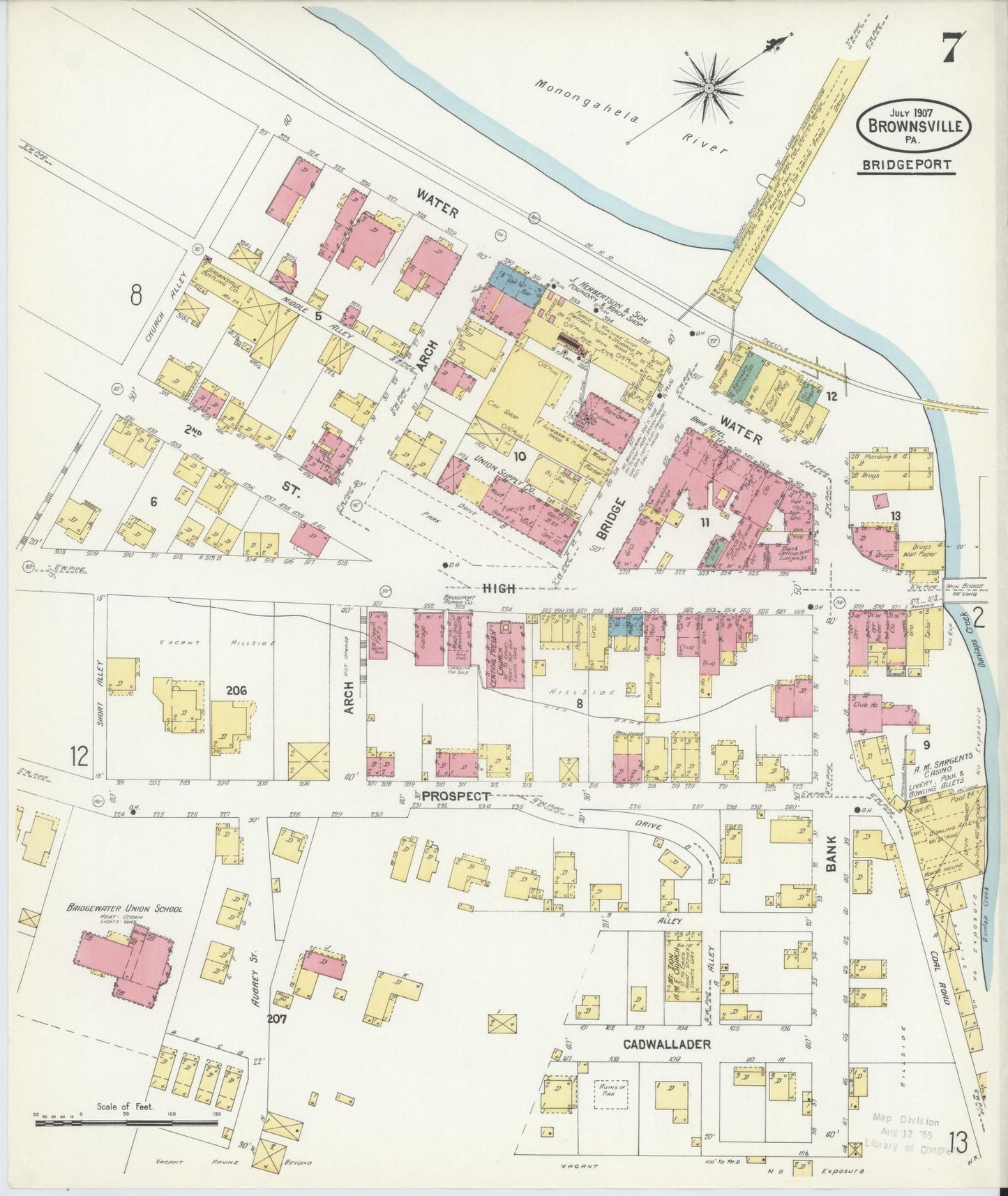 Sanborn Fire Insurance Map from Brownsville, Fayette County, Pennsylvania (1907), Sheet #0007 - Historic Sanborn Fire Insurance Map Print, vintage old map wall art, antique decor, genealogy gift, Pennsylvania Pennsylvania map