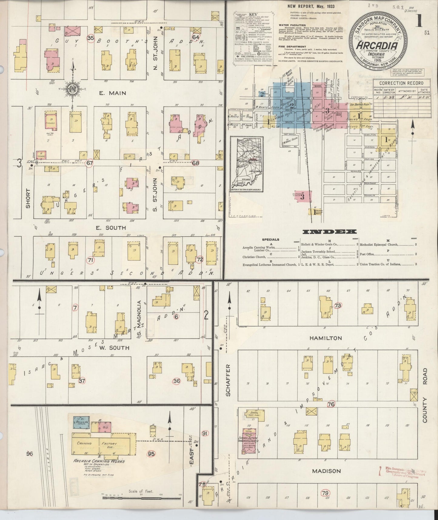 Sanborn Fire Insurance Map from Arcadia, Hamilton County, Indiana (1933), Sheet #0001 - Historic Sanborn Fire Insurance Map Print, vintage old map wall art, antique decor, genealogy gift, Indiana Indiana map