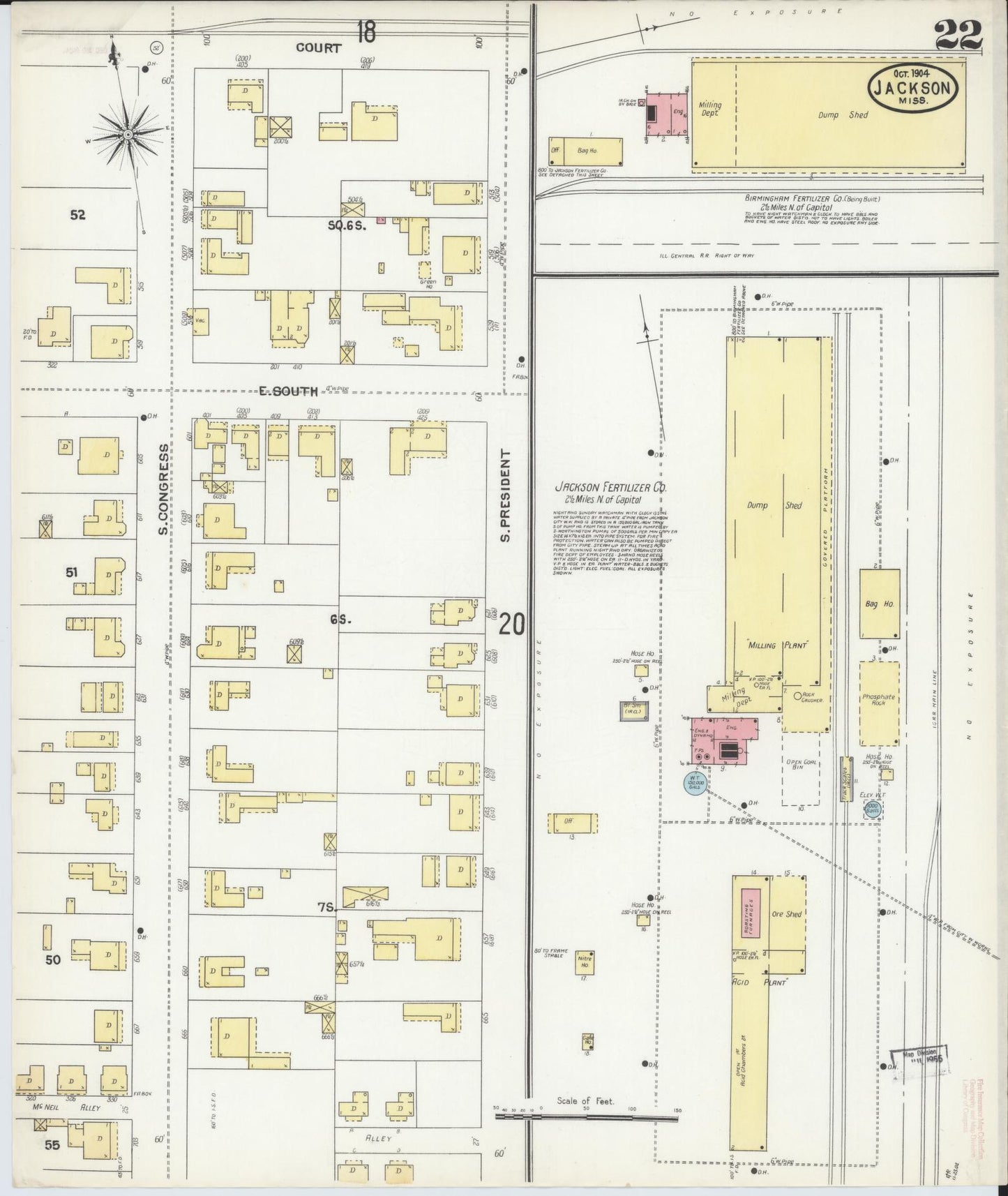 Sanborn Fire Insurance Map from Jackson, Hinds County, Mississippi (1904), Sheet #0022 - Historic Sanborn Fire Insurance Map Print, vintage old map wall art, antique decor, genealogy gift, Mississippi Mississippi map