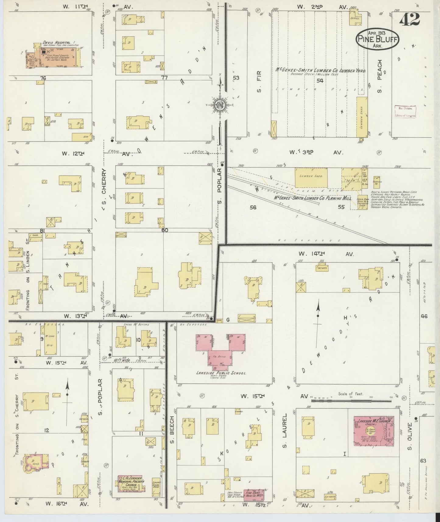 Sanborn Fire Insurance Map from Pine Bluff, Jefferson County, Arkansas (1913), Sheet #0042 - Historic Sanborn Fire Insurance Map Print, vintage old map wall art, antique decor, genealogy gift, Arkansas Arkansas map