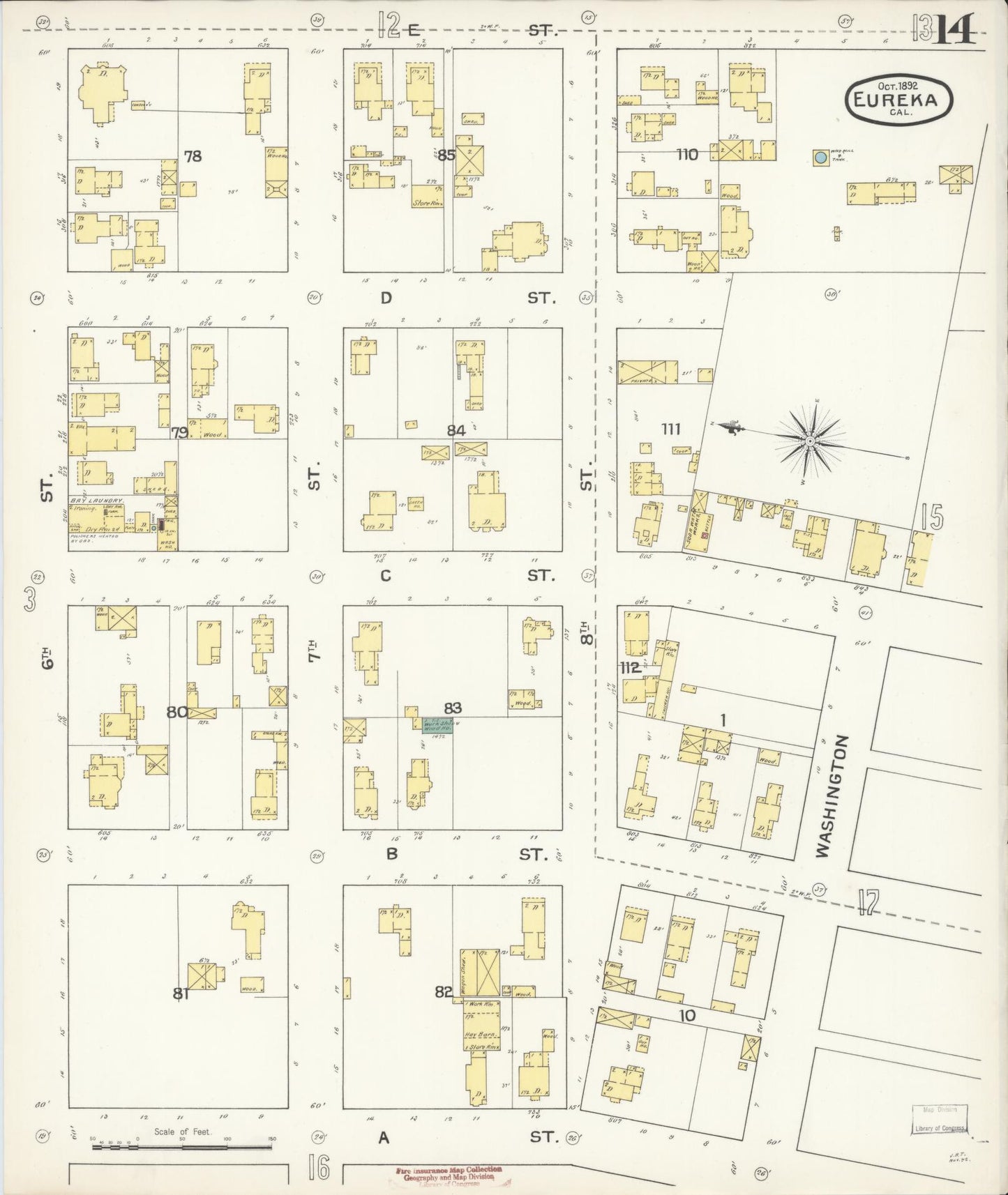 Sanborn Fire Insurance Map from Eureka, Humboldt County, California (1892), Sheet #0014 - Historic Sanborn Fire Insurance Map Print, vintage old map wall art, antique decor, genealogy gift, California California map
