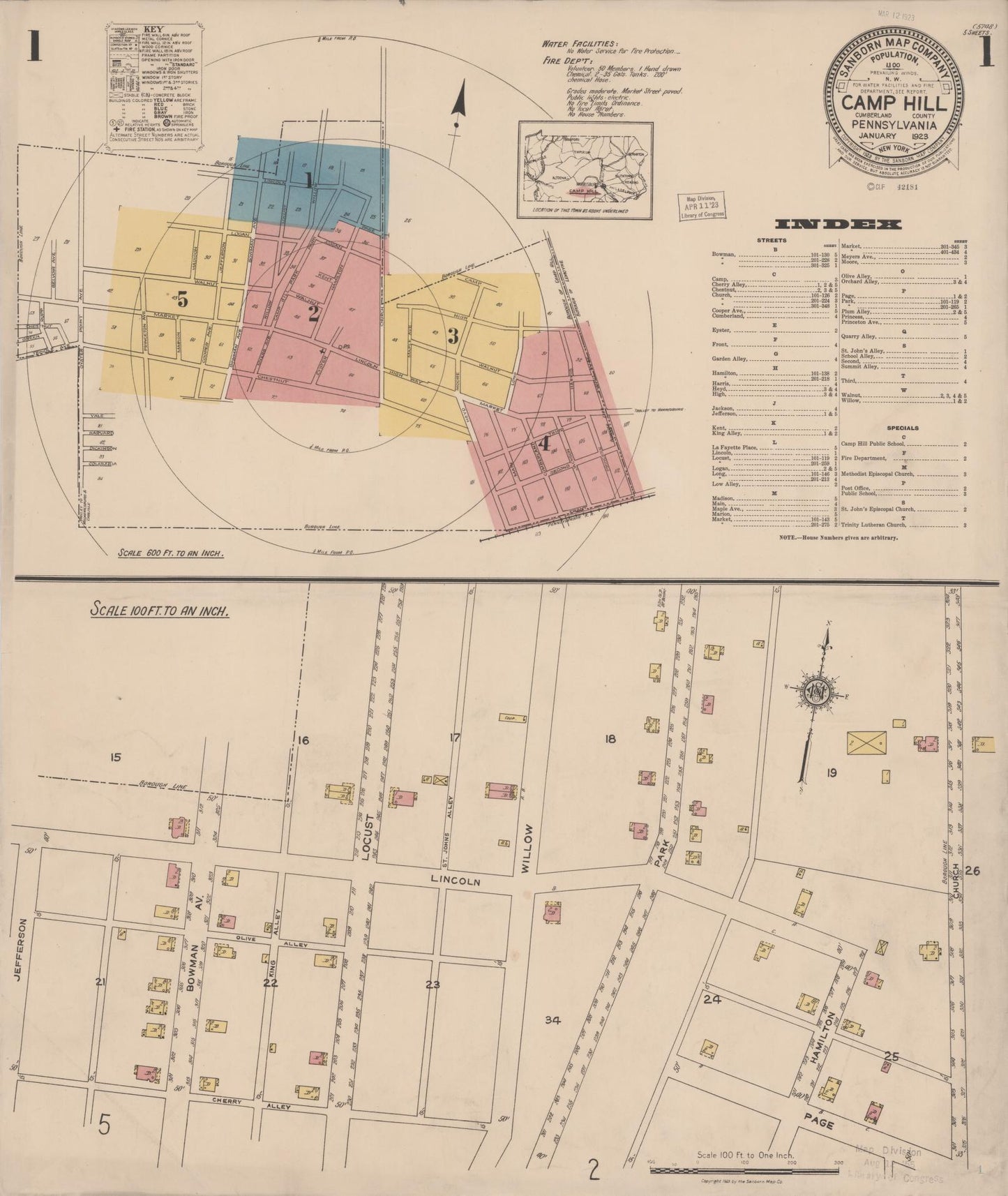Sanborn Fire Insurance Map from Camp Hill, Cumberland County, Pennsylvania (1923), Sheet #0001 - Historic Sanborn Fire Insurance Map Print, vintage old map wall art, antique decor, genealogy gift, Pennsylvania Pennsylvania map