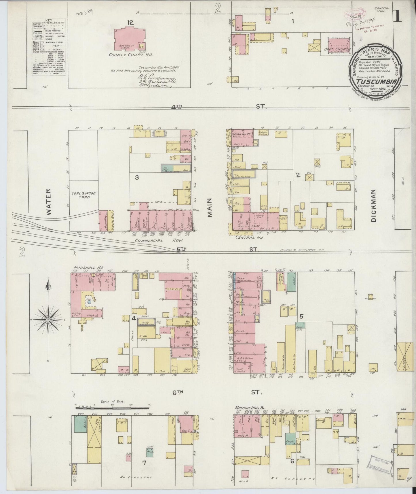 Sanborn Fire Insurance Map from Tuscumbia, Colbert County, Alabama (1894), Sheet #0001 - Historic Sanborn Fire Insurance Map Print, vintage old map wall art, antique decor, genealogy gift, Alabama Alabama map