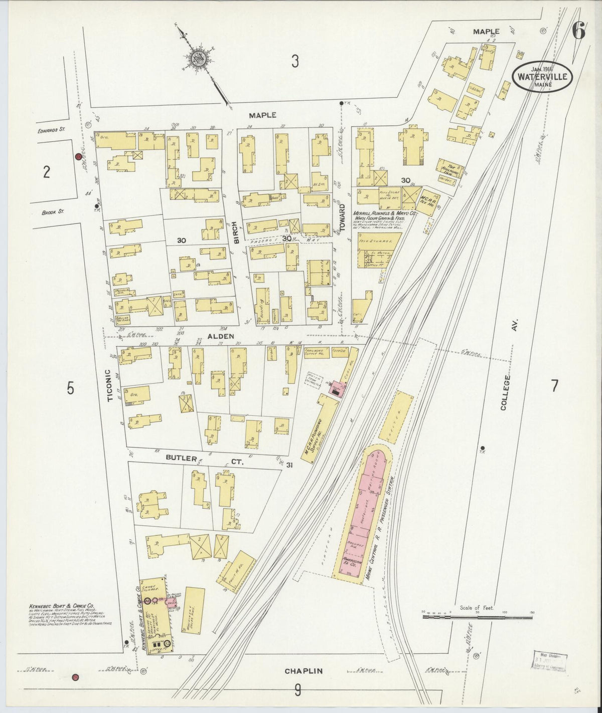 Sanborn Fire Insurance Map from Waterville, Kennebec County, Maine (1911), Sheet #0006 - Historic Sanborn Fire Insurance Map Print, vintage old map wall art, antique decor, genealogy gift, Maine Maine map