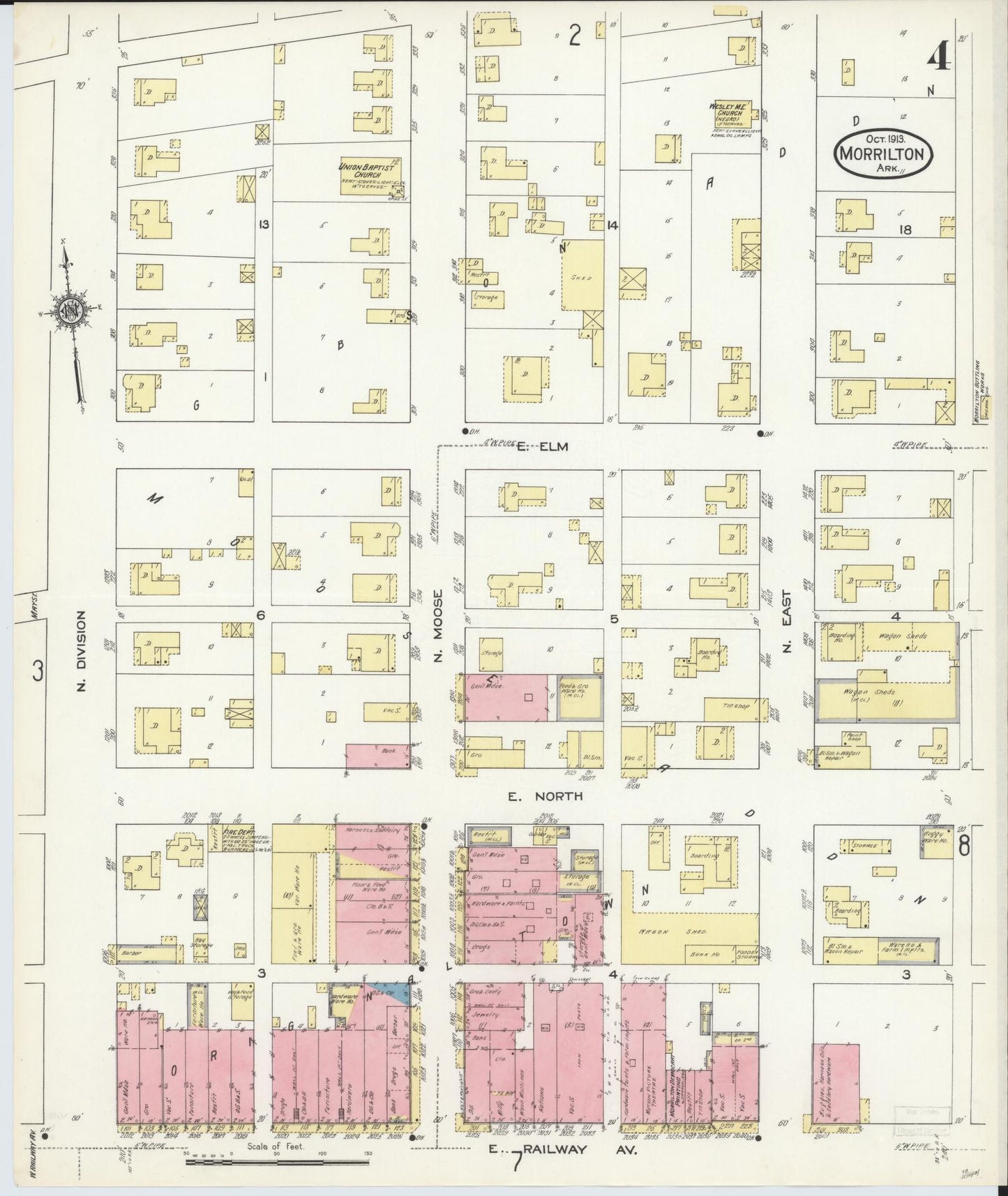 Sanborn Fire Insurance Map from Morrilton, Conway County, Arkansas (1913), Sheet #0004 - Historic Sanborn Fire Insurance Map Print, vintage old map wall art, antique decor, genealogy gift, Arkansas Arkansas map