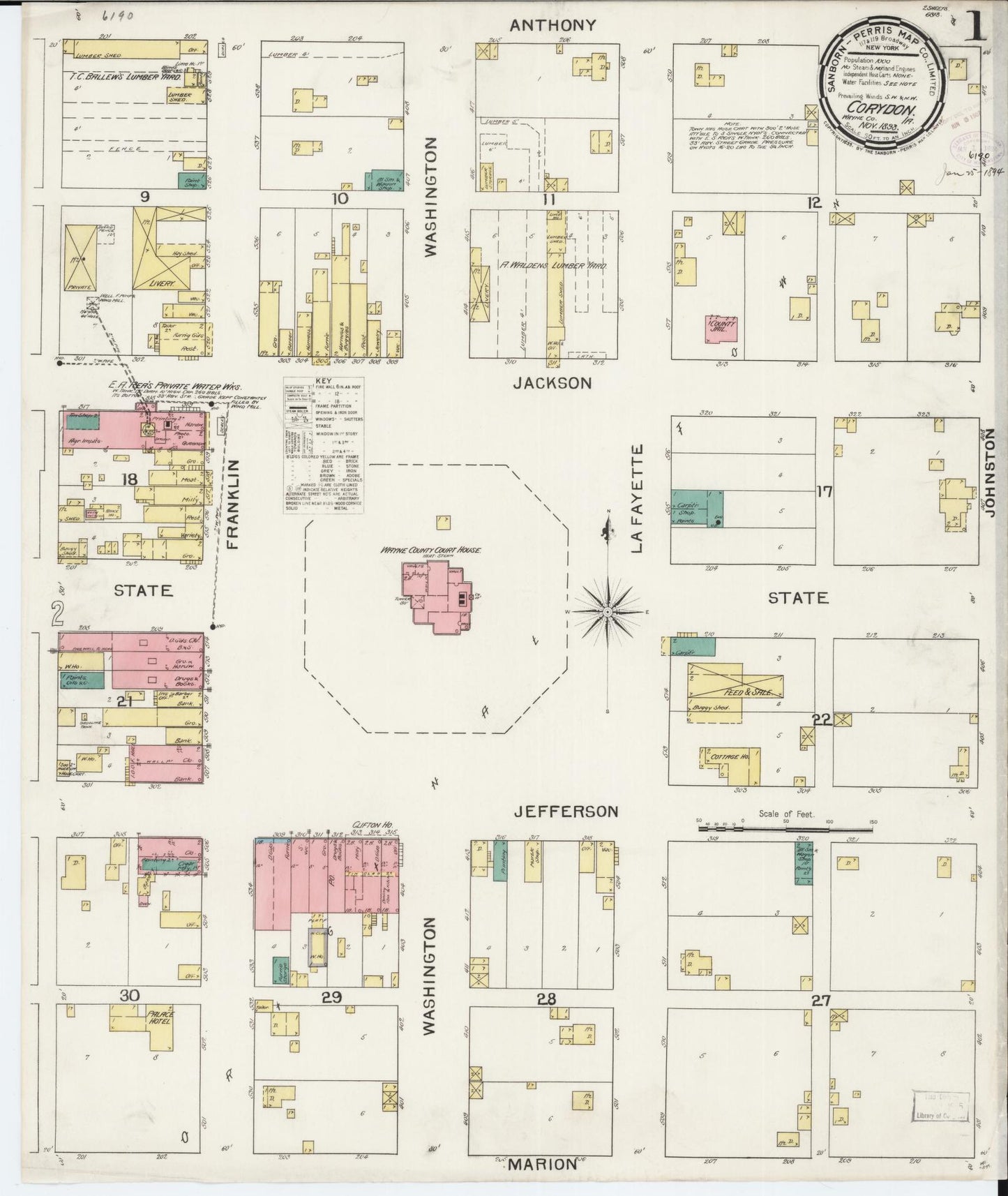 Sanborn Fire Insurance Map from Corydon, Wayne County, Iowa (1893), Sheet #0001 - Historic Sanborn Fire Insurance Map Print, vintage old map wall art