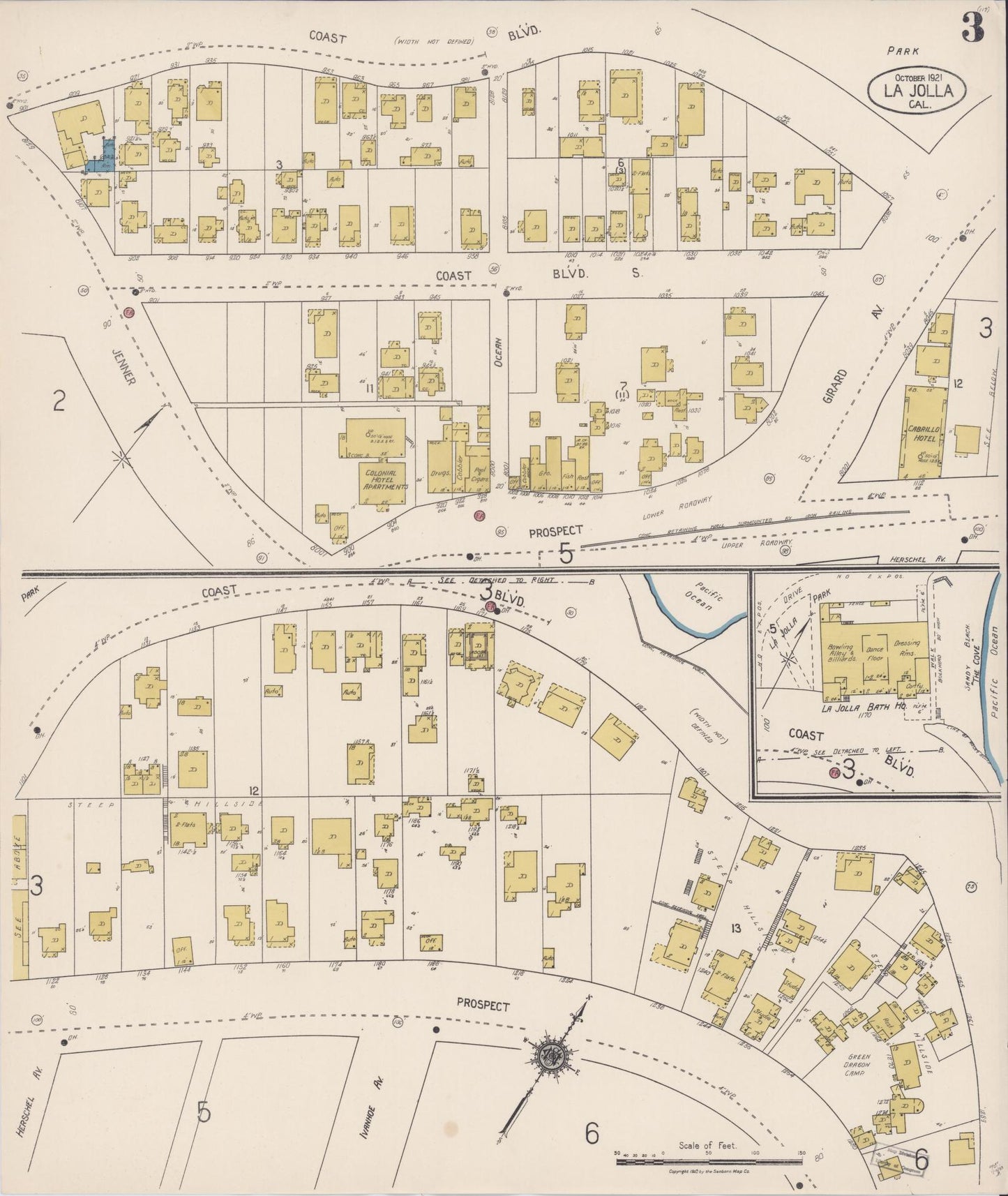 Sanborn Fire Insurance Map from La Jolla, San Diego County, California (1921), Sheet #0003 - Historic Sanborn Fire Insurance Map Print, vintage old map wall art, antique decor, genealogy gift, California California map