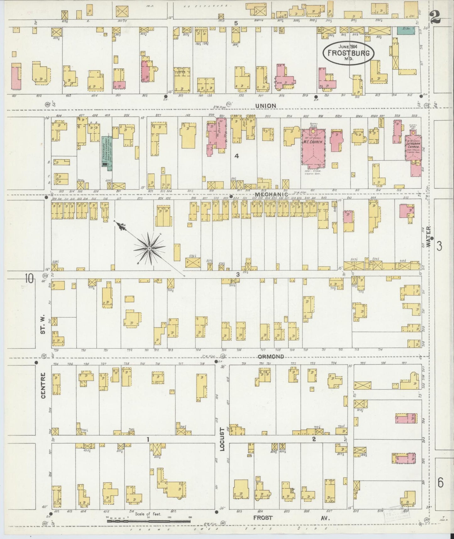 Sanborn Fire Insurance Map from Frostburg, Allegany County, Maryland (1904), Sheet #0002 - Historic Sanborn Fire Insurance Map Print, vintage old map wall art