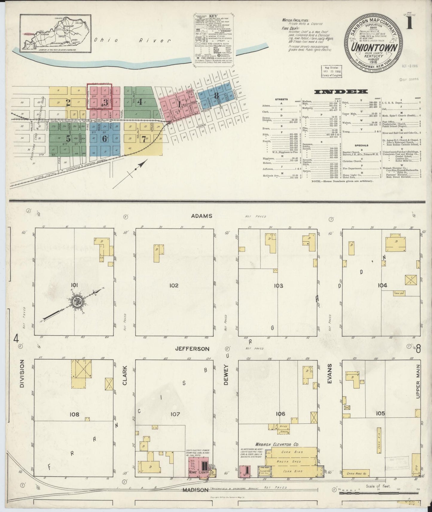 Sanborn Fire Insurance Map from Uniontown, Union County, Kentucky (1916), Sheet #0001 - Historic Sanborn Fire Insurance Map Print, vintage old map wall art, antique decor, genealogy gift, Kentucky Kentucky map