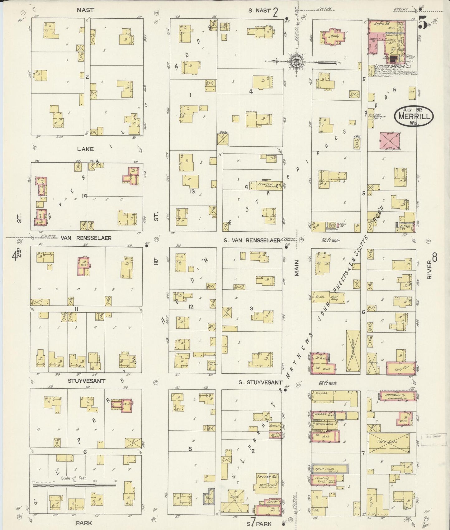Sanborn Fire Insurance Map from Merrill, Lincoln County, Wisconsin (1913), Sheet #0005 - Historic Sanborn Fire Insurance Map Print, vintage old map wall art, antique decor, genealogy gift, Wisconsin Wisconsin map