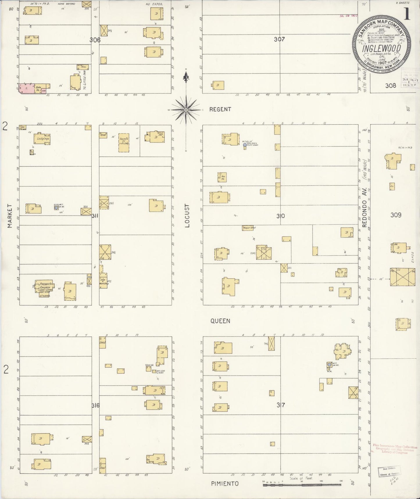 Sanborn Fire Insurance Map from Inglewood, Los Angeles County, California (1907), Sheet #0001 - Historic Sanborn Fire Insurance Map Print, vintage old map wall art, antique decor, genealogy gift, California California map