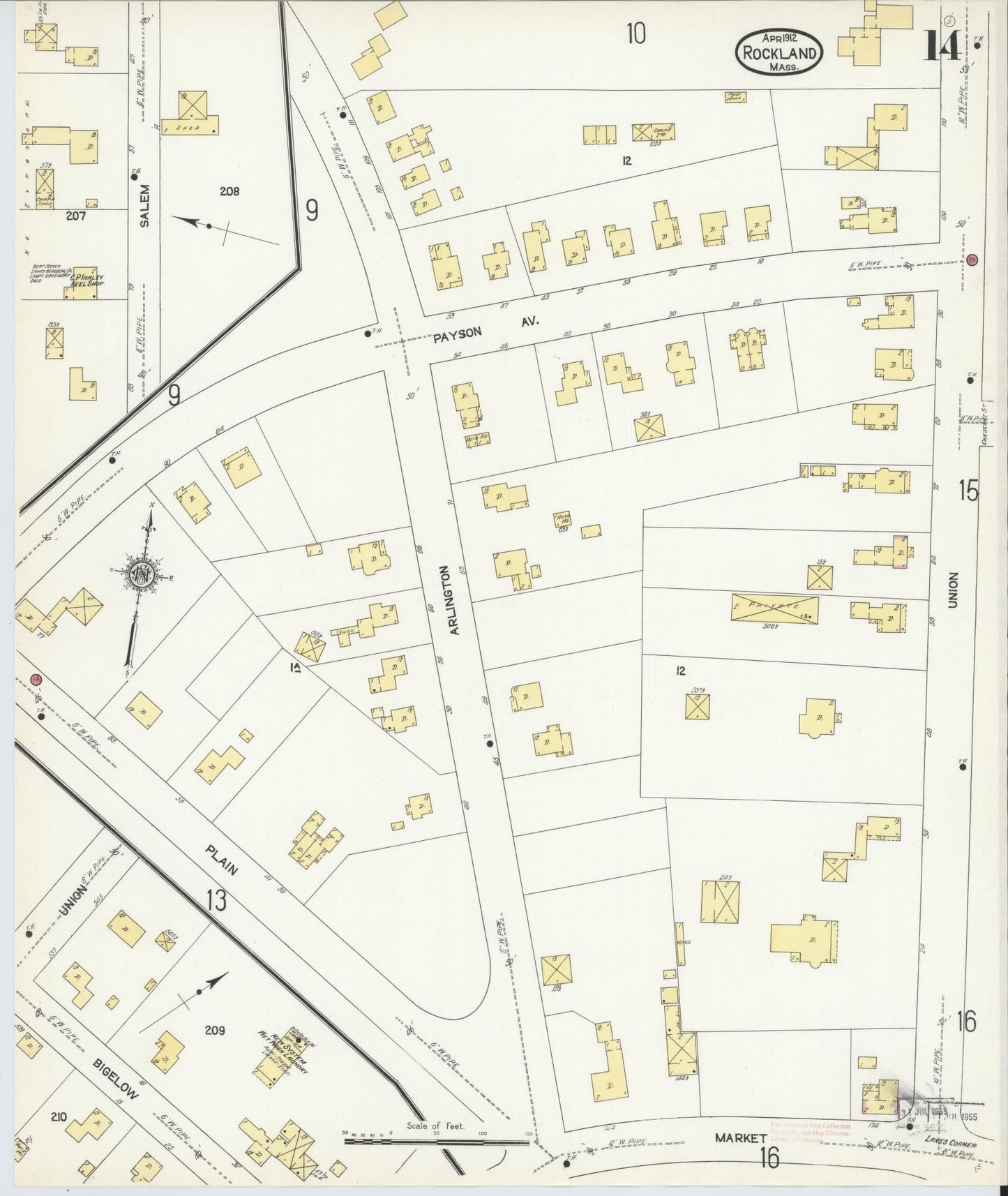 Sanborn Fire Insurance Map from Rockland, Plymouth County, Massachusetts (1912), Sheet #0014 - Historic Sanborn Fire Insurance Map Print, vintage old map wall art, antique decor, genealogy gift, Massachusetts Massachusetts map