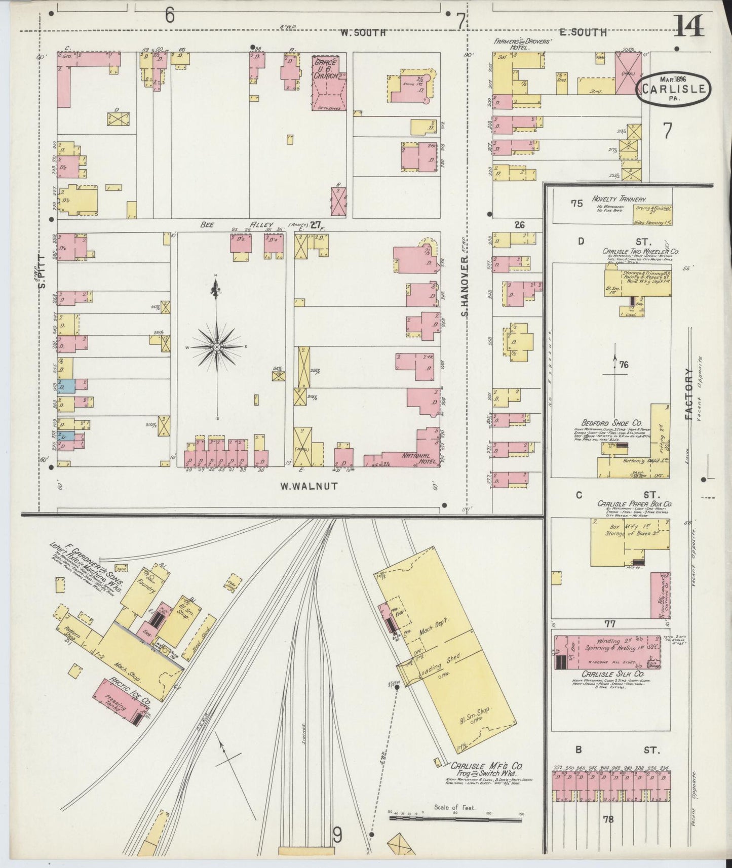 Sanborn Fire Insurance Map from Carlisle, Cumberland County, Pennsylvania (1896), Sheet #0014 - Historic Sanborn Fire Insurance Map Print, vintage old map wall art, antique decor, genealogy gift, Pennsylvania Pennsylvania map