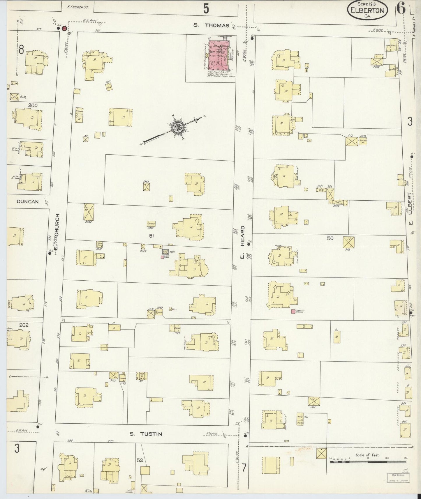 Sanborn Fire Insurance Map from Elberton, Elbert County, Georgia (1913), Sheet #0006 - Historic Sanborn Fire Insurance Map Print, vintage old map wall art, antique decor, genealogy gift, Georgia Georgia map