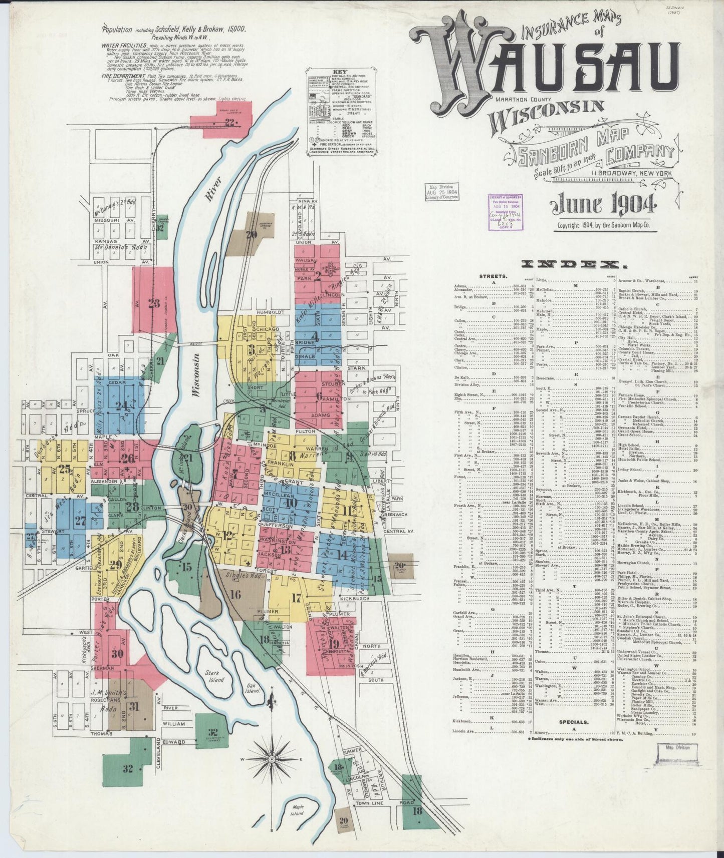 Sanborn Fire Insurance Map from Wausau, Marathon County, Wisconsin (1904), Sheet #0001 - Historic Sanborn Fire Insurance Map Print, vintage old map wall art, antique decor, genealogy gift, Wisconsin Wisconsin map