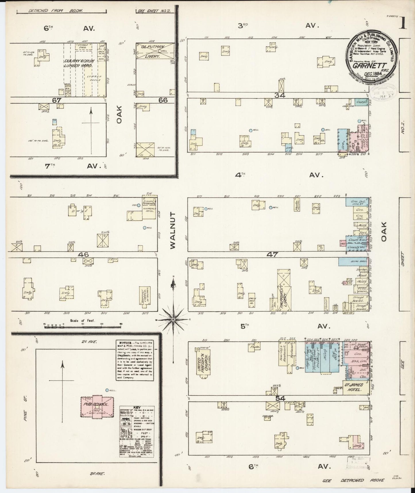 Sanborn Fire Insurance Map from Garnett, Anderson County, Kansas (1884), Sheet #0001 - Historic Sanborn Fire Insurance Map Print, vintage old map wall art, antique decor, genealogy gift, Kansas Kansas map