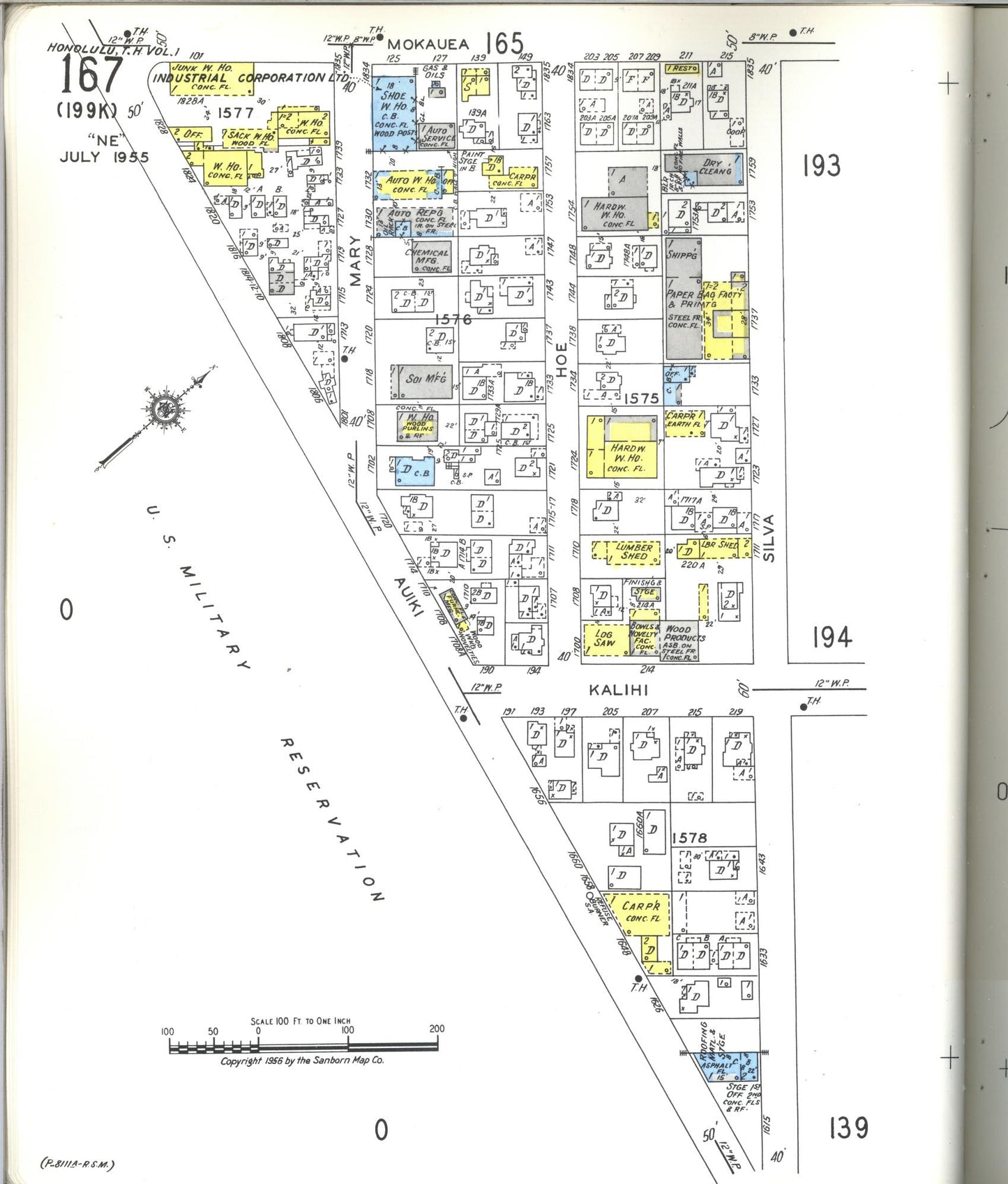 Sanborn Fire Insurance Map from Honolulu, Oahu County, Hawaii (1955), Sheet #0167 - Historic Sanborn Fire Insurance Map Print, vintage old map wall art