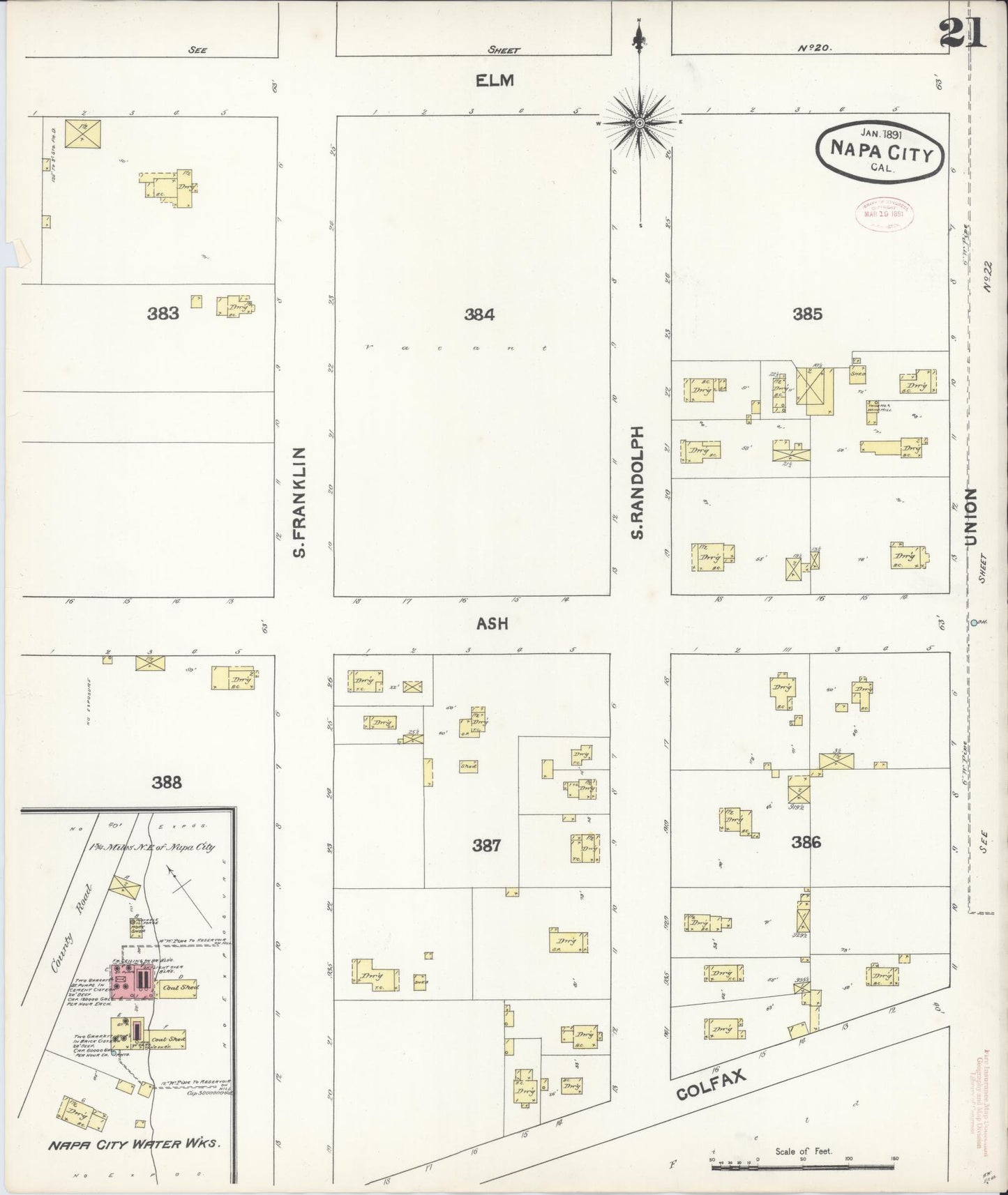 Sanborn Fire Insurance Map from Napa, Napa County, California (1891), Sheet #0021 - Historic Sanborn Fire Insurance Map Print, vintage old map wall art, antique decor, genealogy gift, California California map