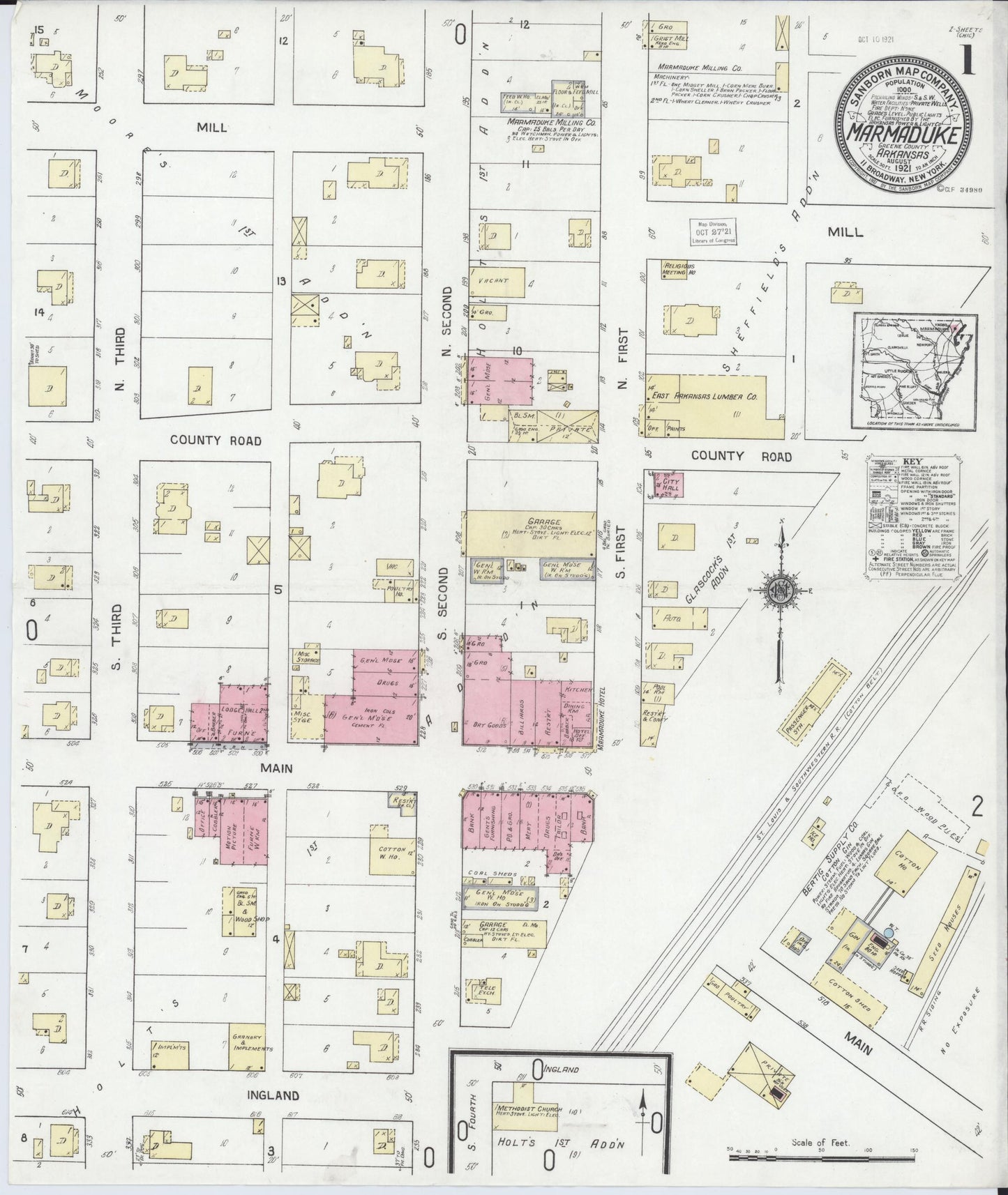 Sanborn Fire Insurance Map from Marmaduke, Greene County, Arkansas (1921), Sheet #0001 - Historic Sanborn Fire Insurance Map Print, vintage old map wall art, antique decor, genealogy gift, Arkansas Arkansas map