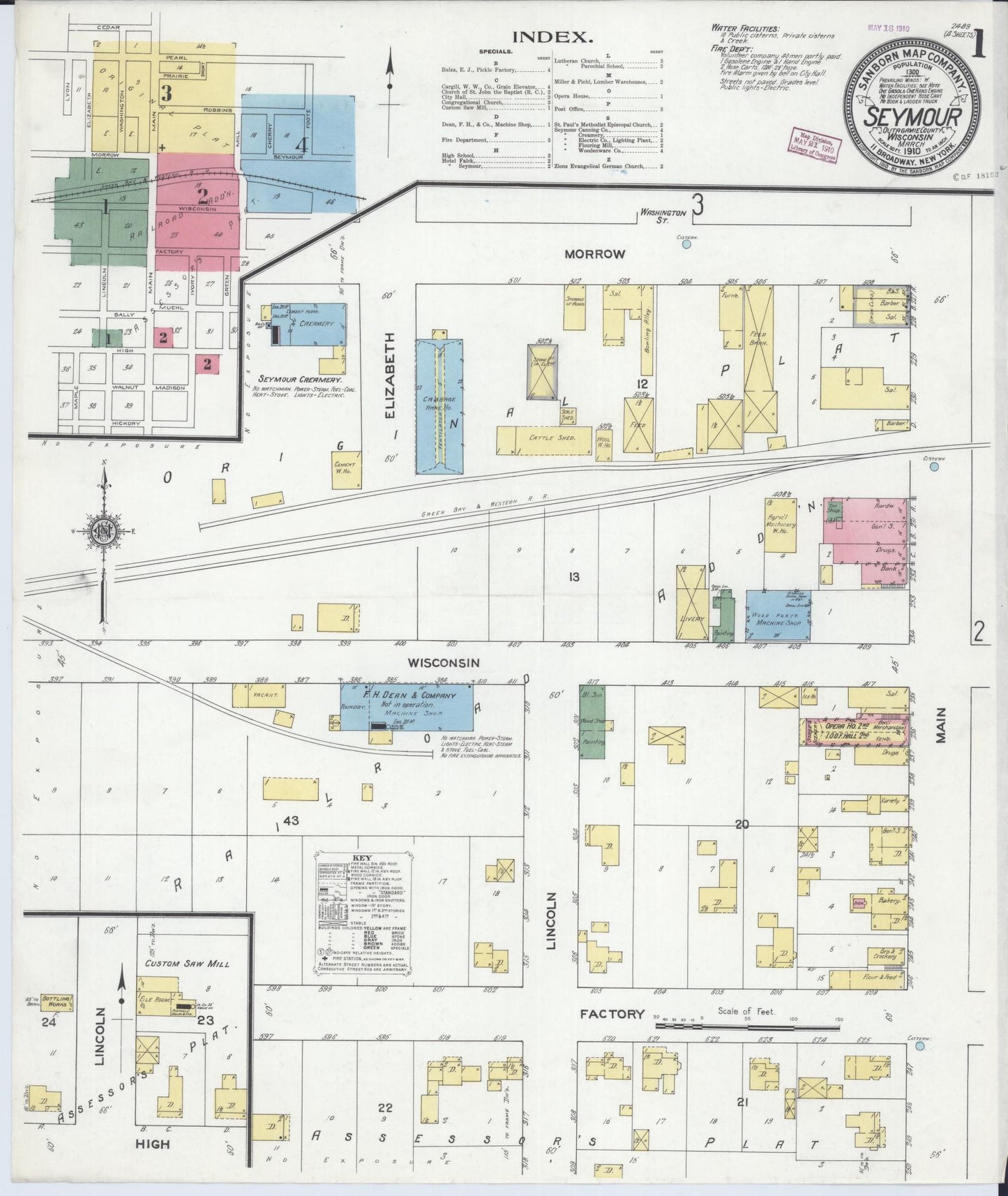 Sanborn Fire Insurance Map from Seymour, Outagamie County, Wisconsin (1910), Sheet #0001 - Historic Sanborn Fire Insurance Map Print, vintage old map wall art, antique decor, genealogy gift, Wisconsin Wisconsin map