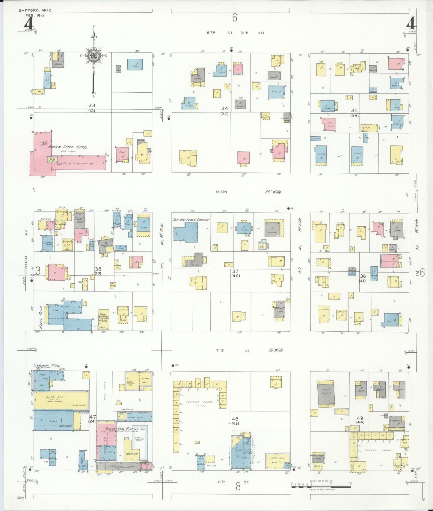 Sanborn Fire Insurance Map from Safford, Graham County, Arizona (1941), Sheet #0004 - Historic Sanborn Fire Insurance Map Print, vintage old map wall art, antique decor, genealogy gift, Arizona Arizona map