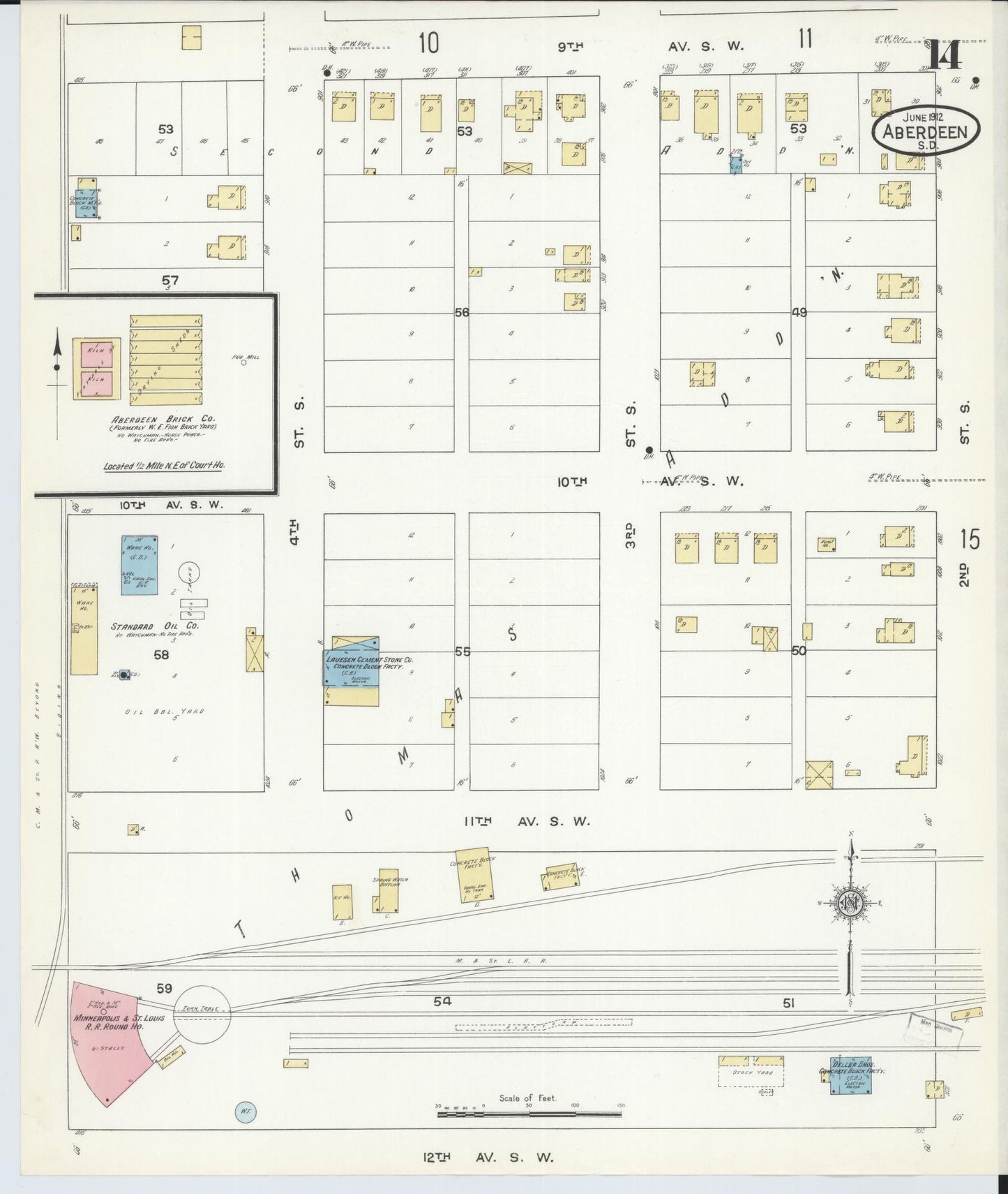 Sanborn Fire Insurance Map from Aberdeen, Brown County, South Dakota (1912), Sheet #0014 - Historic Sanborn Fire Insurance Map Print, vintage old map wall art, antique decor, genealogy gift, South Dakota South Dakota map
