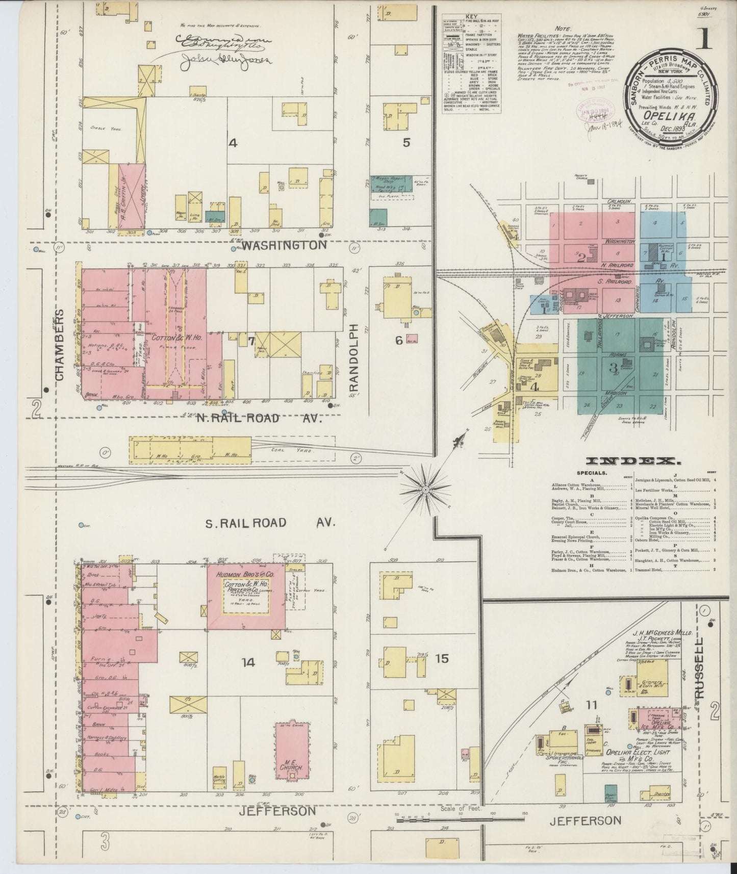 Sanborn Fire Insurance Map from Opelika, Lee County, Alabama (1893), Sheet #0001 - Historic Sanborn Fire Insurance Map Print, vintage old map wall art, antique decor, genealogy gift, Alabama Alabama map