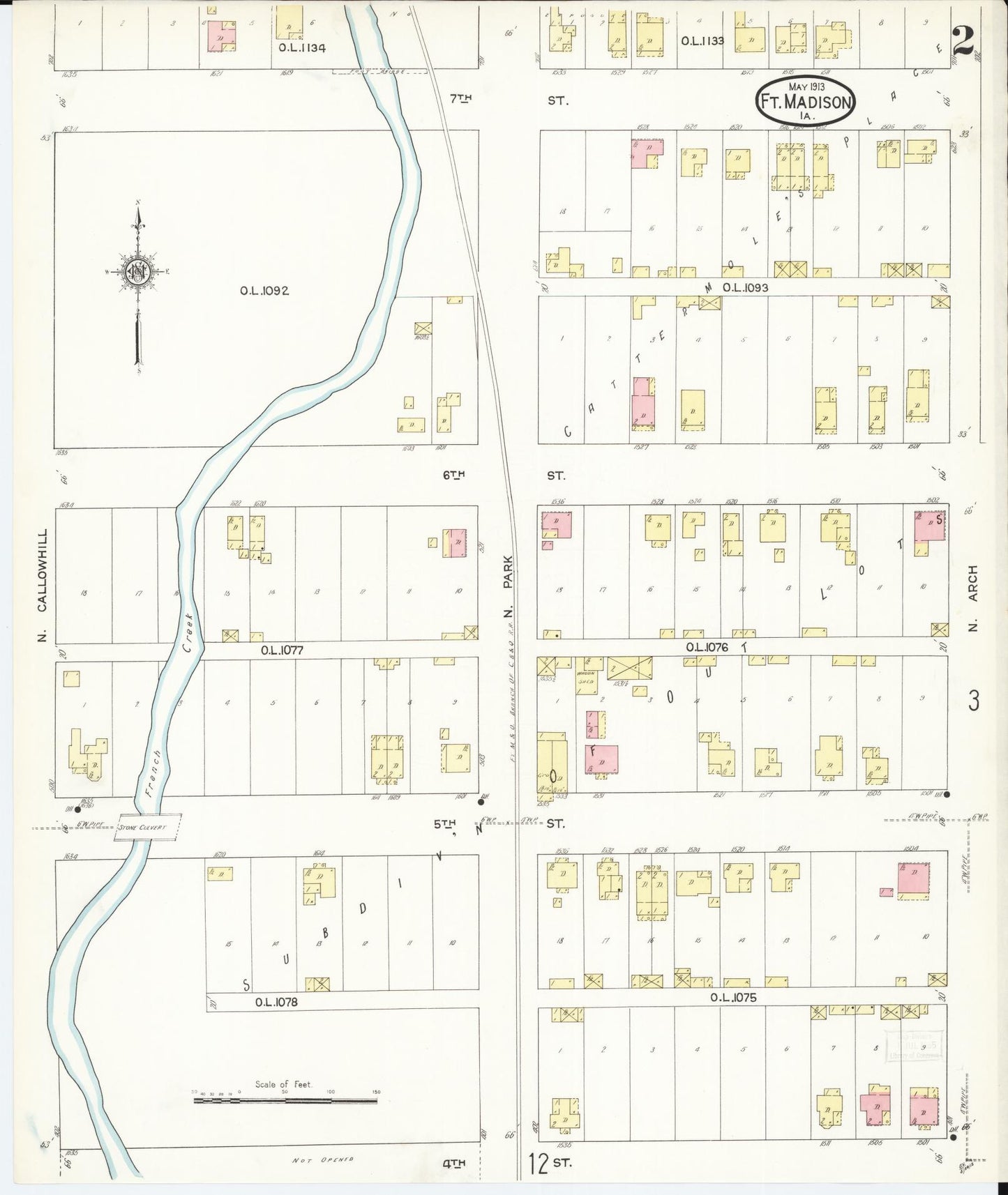 Sanborn Fire Insurance Map from Fort Madison, Lee County, Iowa (1913), Sheet #0002 - Historic Sanborn Fire Insurance Map Print, vintage old map wall art