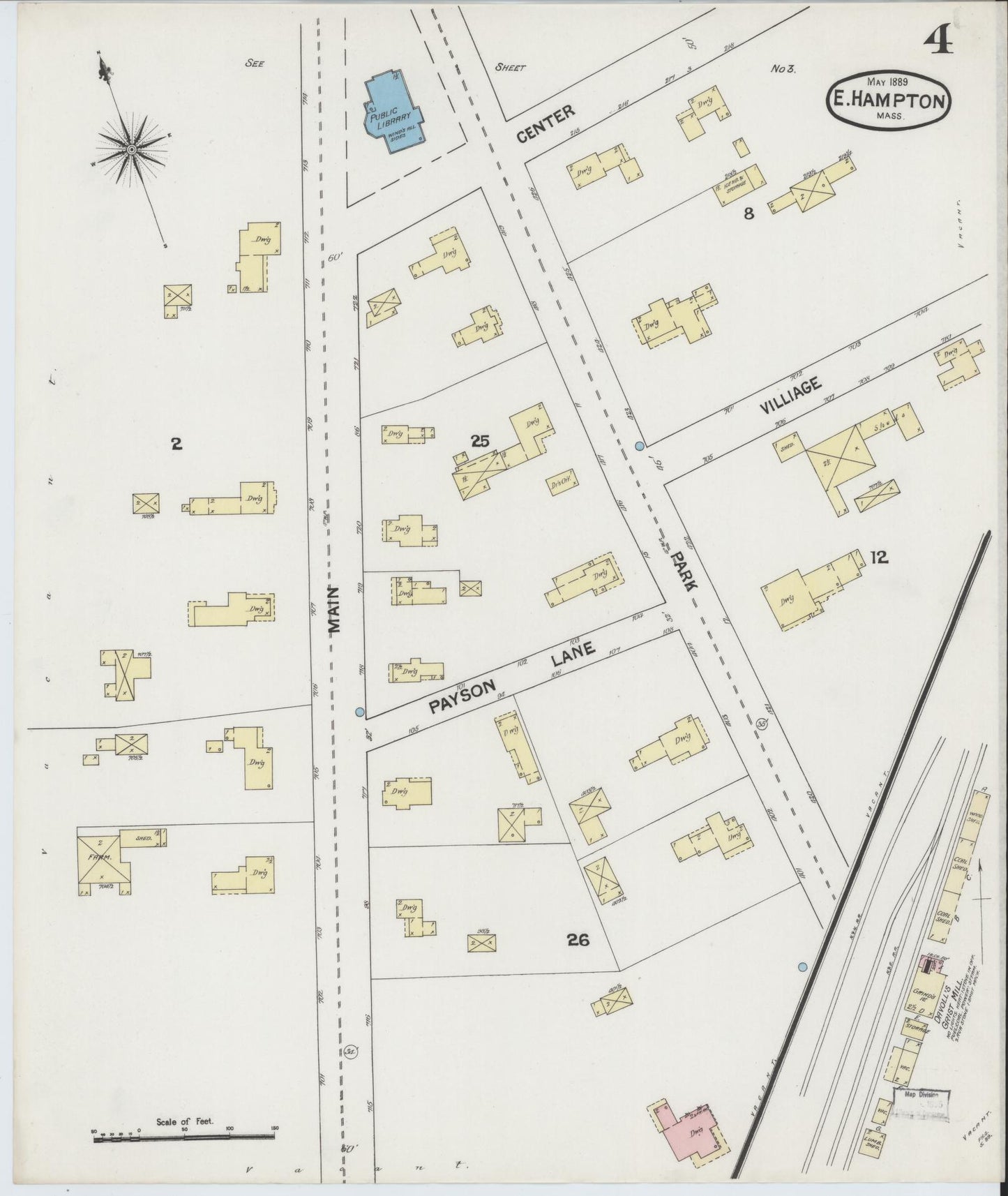 Sanborn Fire Insurance Map from East Hampton, Hampshire County, Massachusetts (1889), Sheet #0004 - Historic Sanborn Fire Insurance Map Print, vintage old map wall art, antique decor, genealogy gift, Massachusetts Massachusetts map