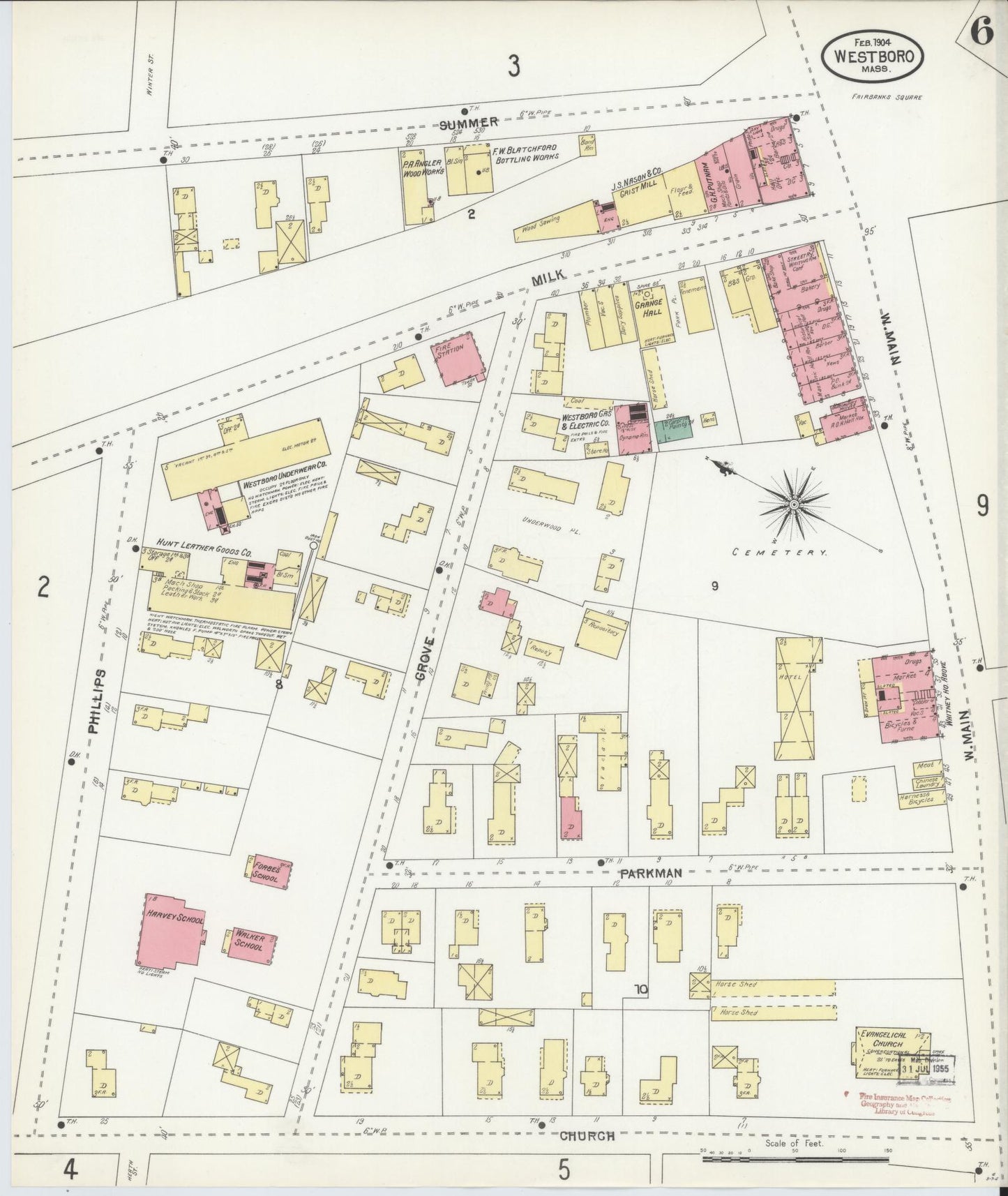 Sanborn Fire Insurance Map from Westboro, Worcester County, Massachusetts (1904), Sheet #0006 - Historic Sanborn Fire Insurance Map Print, vintage old map wall art, antique decor, genealogy gift, Massachusetts Massachusetts map