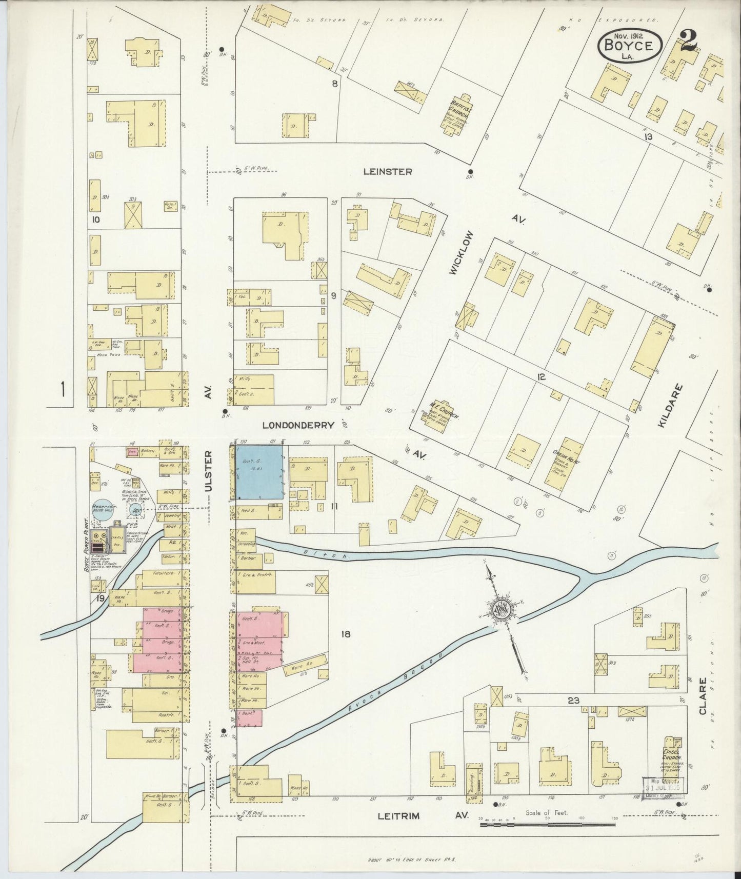 Sanborn Fire Insurance Map from Boyce, Rapides Parish, Louisiana (1912), Sheet #0002 - Historic Sanborn Fire Insurance Map Print, vintage old map wall art, antique decor, genealogy gift, Louisiana Louisiana map