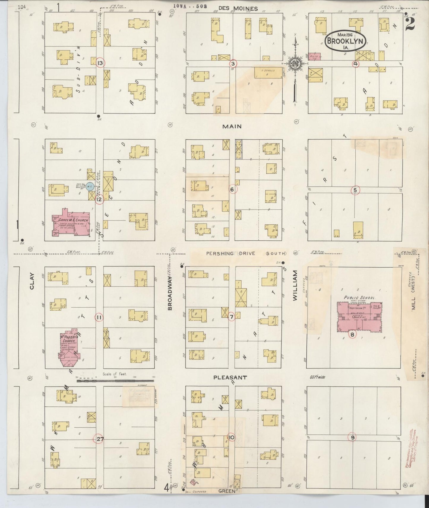 Sanborn Fire Insurance Map from Brooklyn, Poweshiek County, Iowa (1932), Sheet #0002 - Historic Sanborn Fire Insurance Map Print, vintage old map wall art