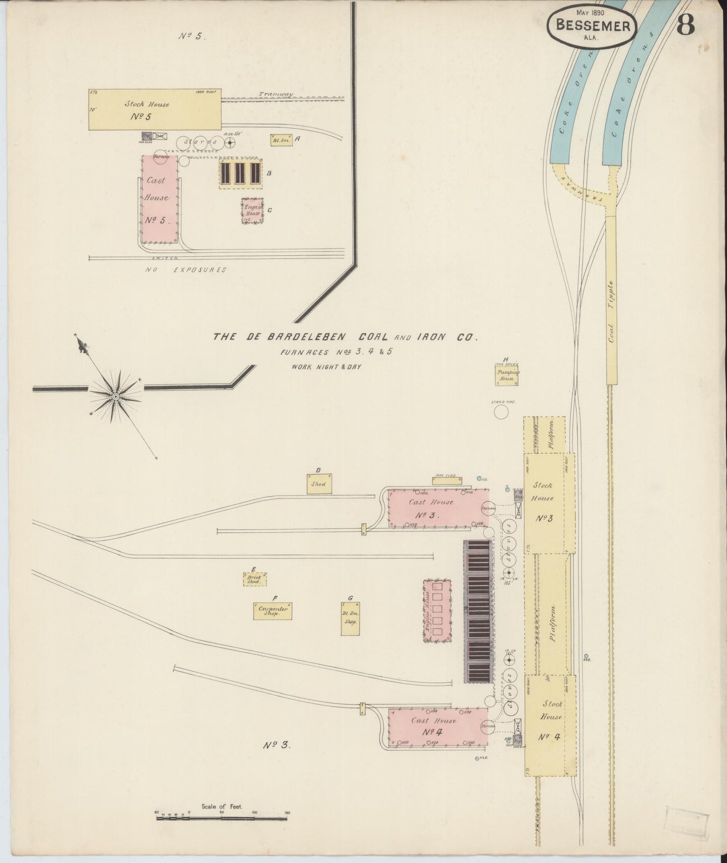 Sanborn Fire Insurance Map from Bessemer, Jefferson County, Alabama (1890), Sheet #0008 - Historic Sanborn Fire Insurance Map Print, vintage old map wall art, antique decor, genealogy gift, Alabama Alabama map