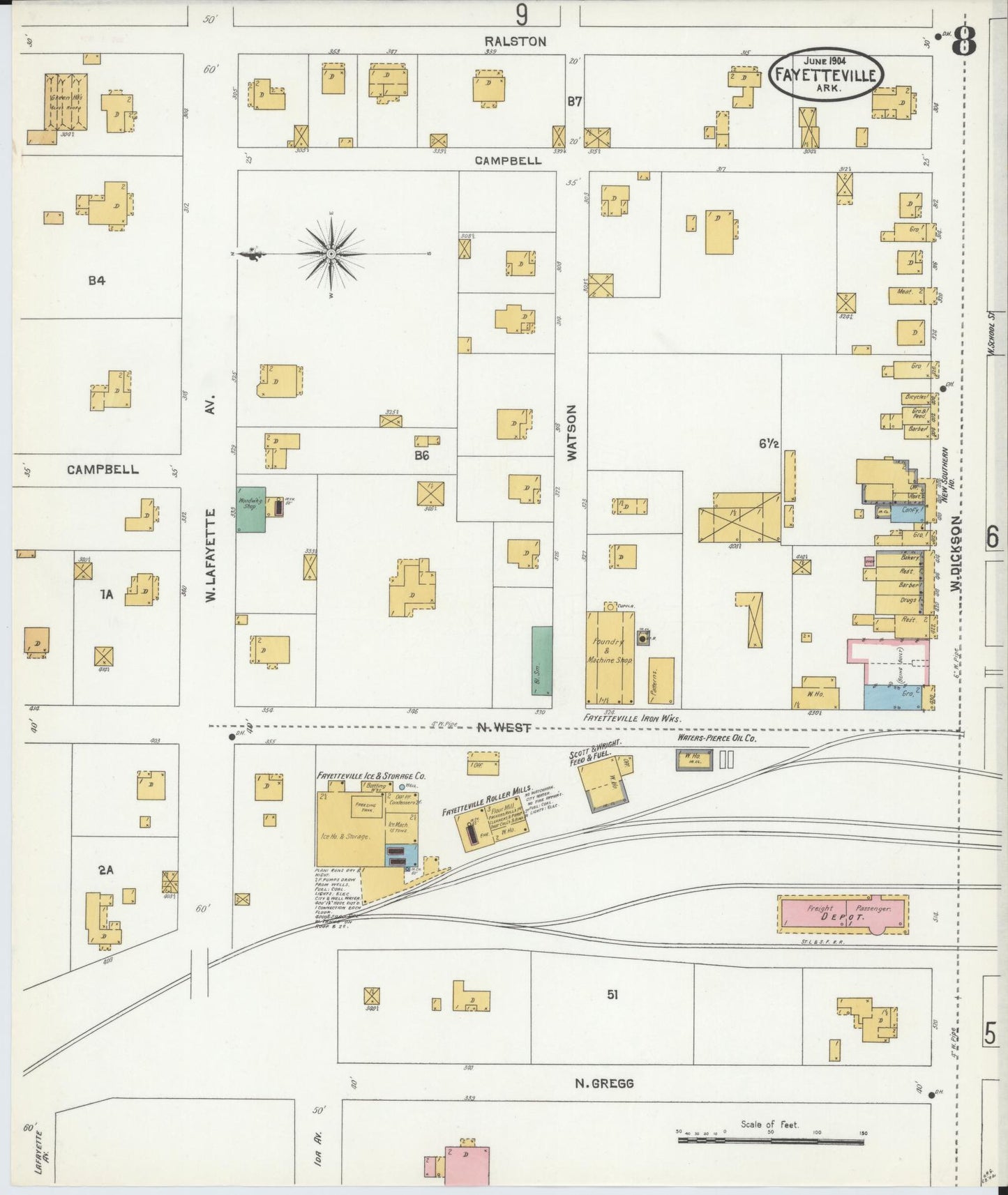 Sanborn Fire Insurance Map from Fayetteville, Washington County, Arkansas (1904), Sheet #0008 - Historic Sanborn Fire Insurance Map Print, vintage old map wall art, antique decor, genealogy gift, Arkansas Arkansas map